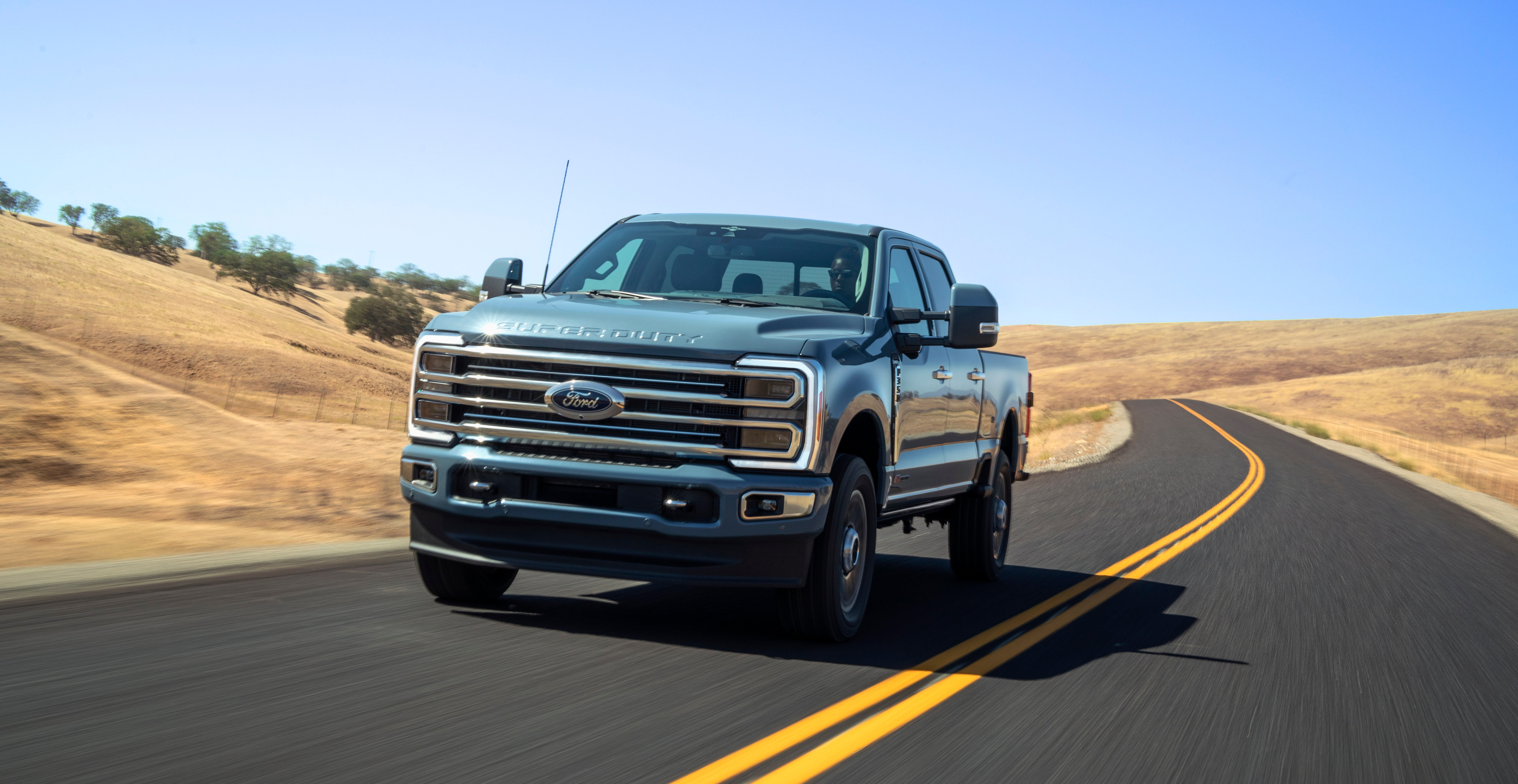 Available spring 2023. Preproduction 2023 F-350 Azure Gray (extra cost color) with optional features.