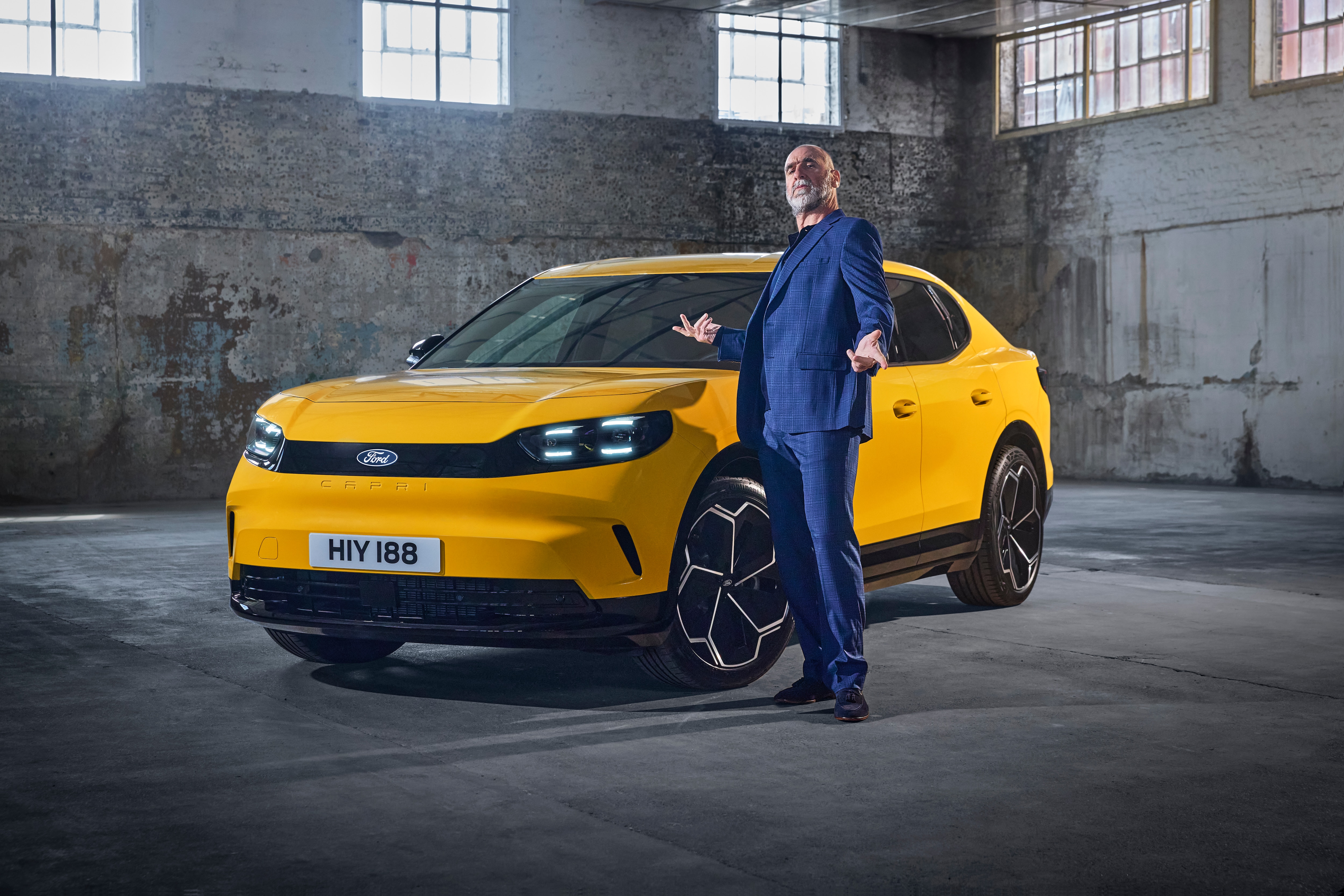 Two iconic and unmistakeable legends; Eric Cantona & Ford reveal the new all-electric Ford Capri. LICENSE EXPIRES: 10.07.2026 - LICENSE BY: LICENSE SCOPE: A - Earned editorial, press releases, press kits. B - All non-broadcast digital and online media. C - All non-broadcast digital and online media, plus Retail and POS (showrooms, events etc). REGION: Europe COPYRIGHT AND IMAGE RIGHTS: This content is solely for editorial use and for providing individual users with information. Any storage in databases, or any distribution to third parties within the scope of commercial use, or for commercial use is permitted with written consent from Ford of Europe only.