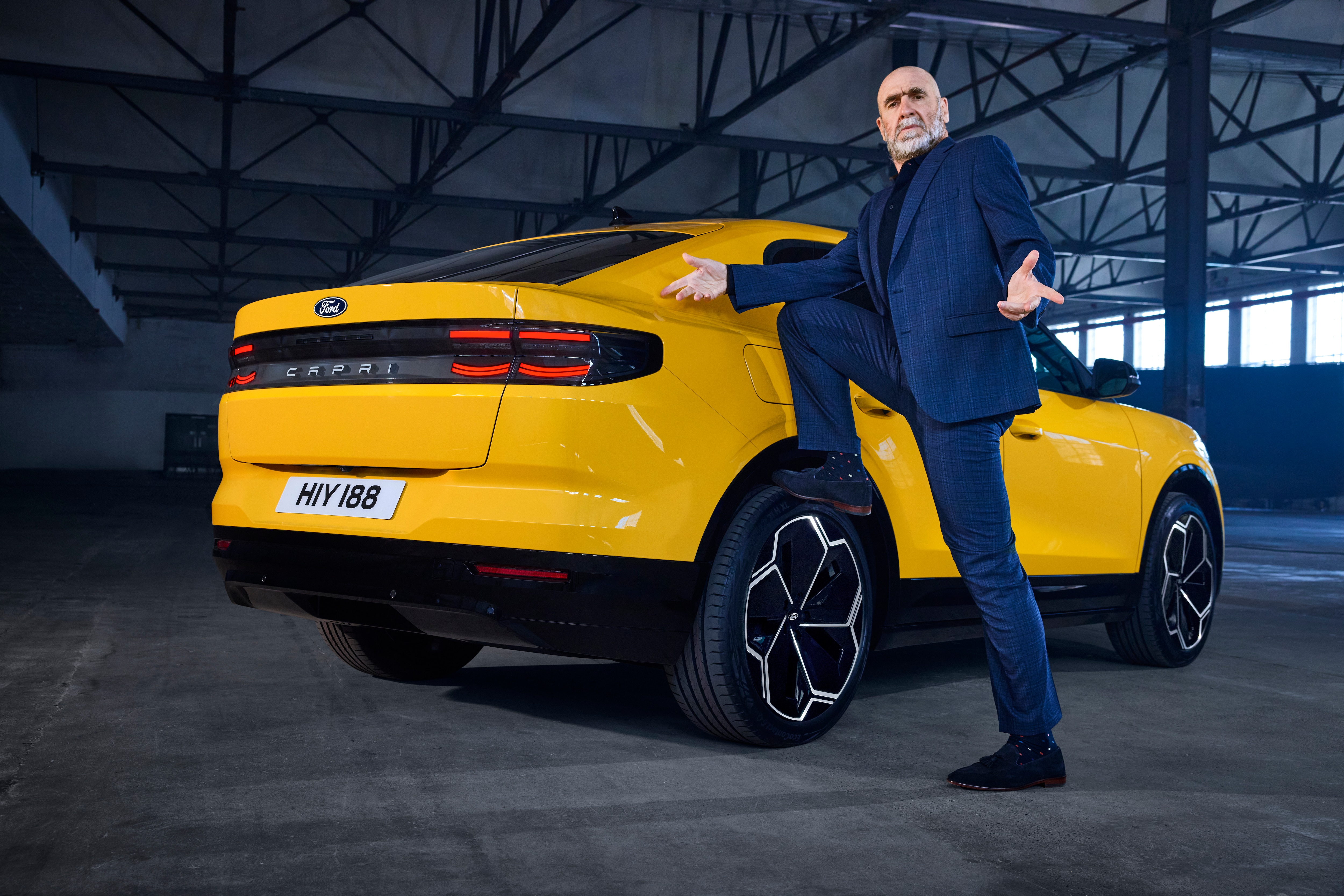 Two iconic and unmistakeable legends; Eric Cantona & Ford reveal the new all-electric Ford Capri. LICENSE EXPIRES: 10.07.2026 - LICENSE BY: LICENSE SCOPE: A - Earned editorial, press releases, press kits. B - All non-broadcast digital and online media. C - All non-broadcast digital and online media, plus Retail and POS (showrooms, events etc). REGION: Europe COPYRIGHT AND IMAGE RIGHTS: This content is solely for editorial use and for providing individual users with information. Any storage in databases, or any distribution to third parties within the scope of commercial use, or for commercial use is permitted with written consent from Ford of Europe only.