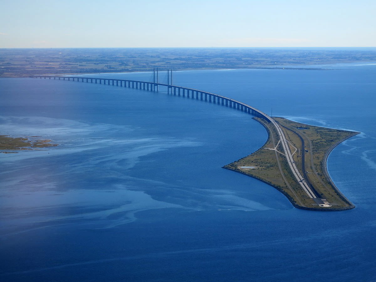 Oredund Bridge connecting Sweden to Denmark from the air. Credit: Nick-D
