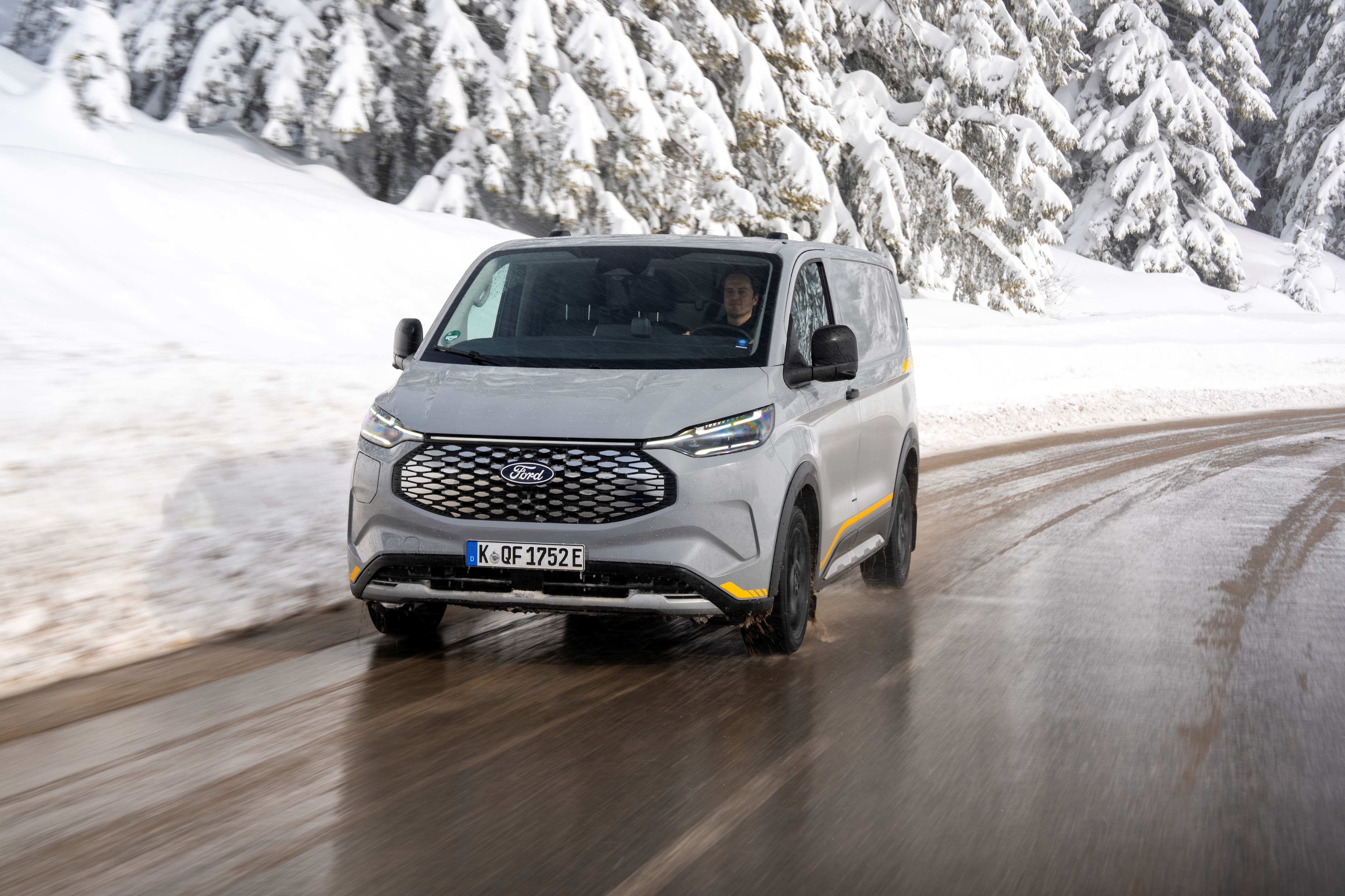 The electric E-Transit Custom Trail AWD at the Ice Drive Experience in Flaine, France. 