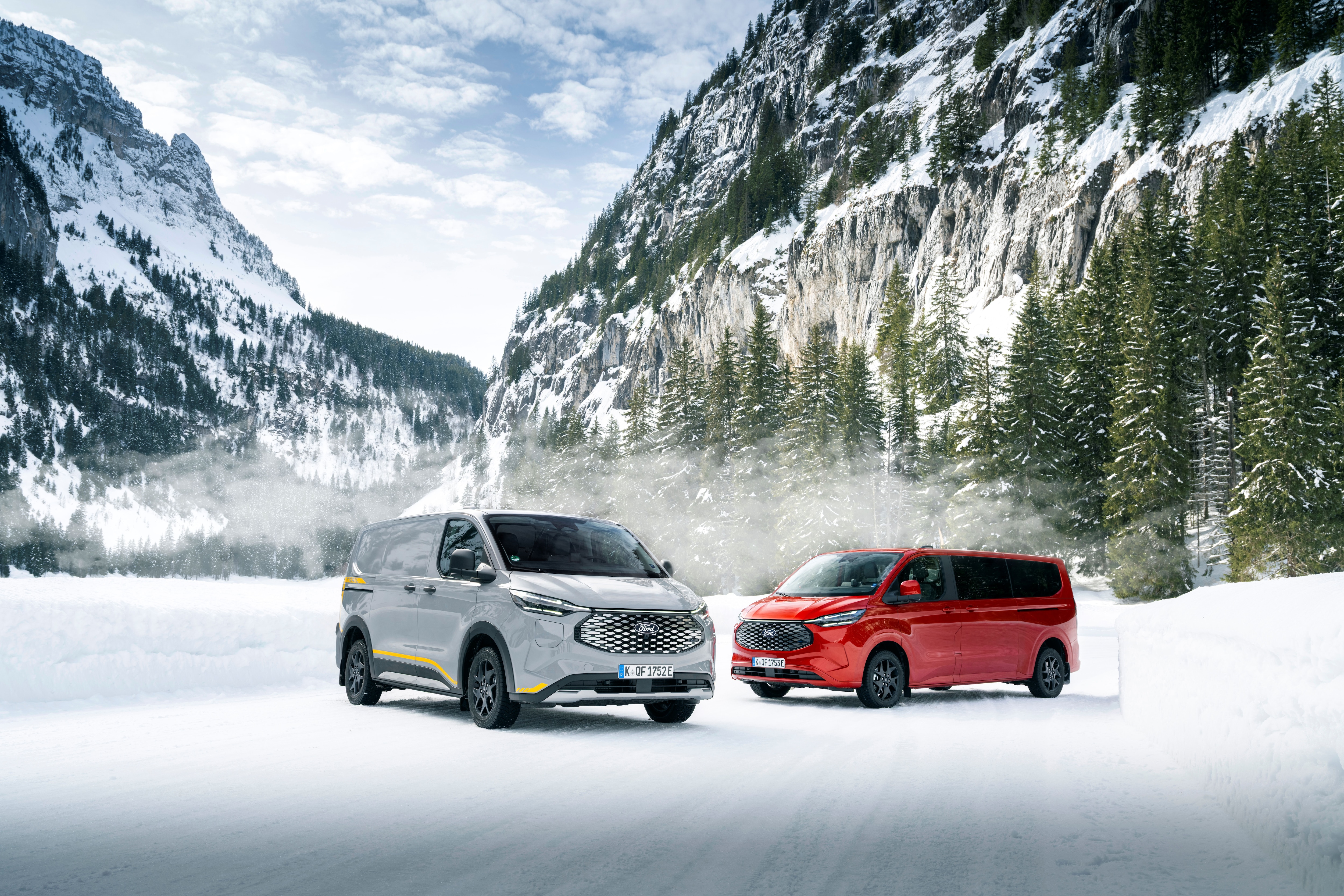 The electric E-Transit Custom Trail AWD and E-Tourneo Custom AWD at the Ice Drive Experience in Flaine, France. 