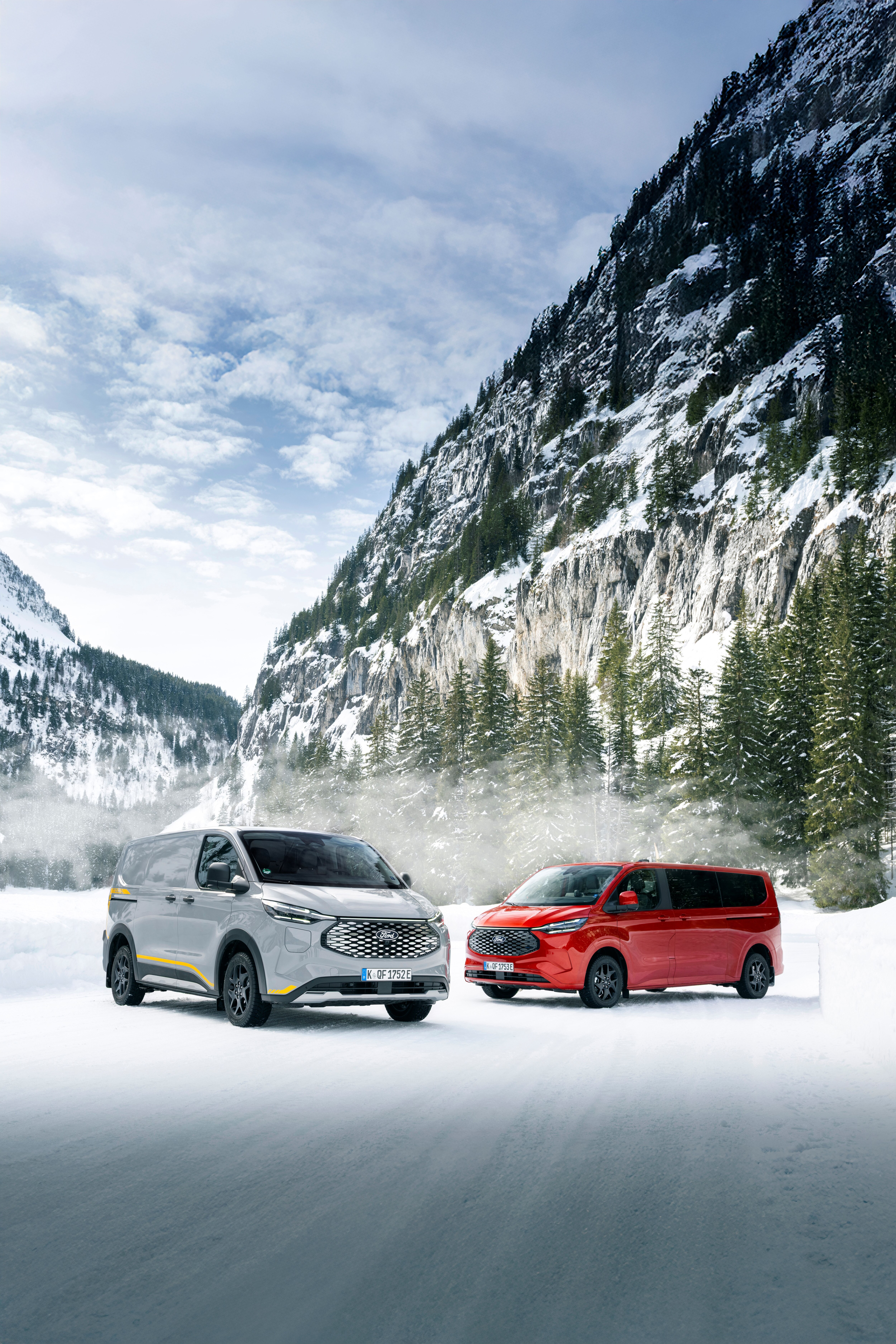 The electric E-Transit Custom Trail AWD and E-Tourneo Custom AWD at the Ice Drive Experience in Flaine, France. 