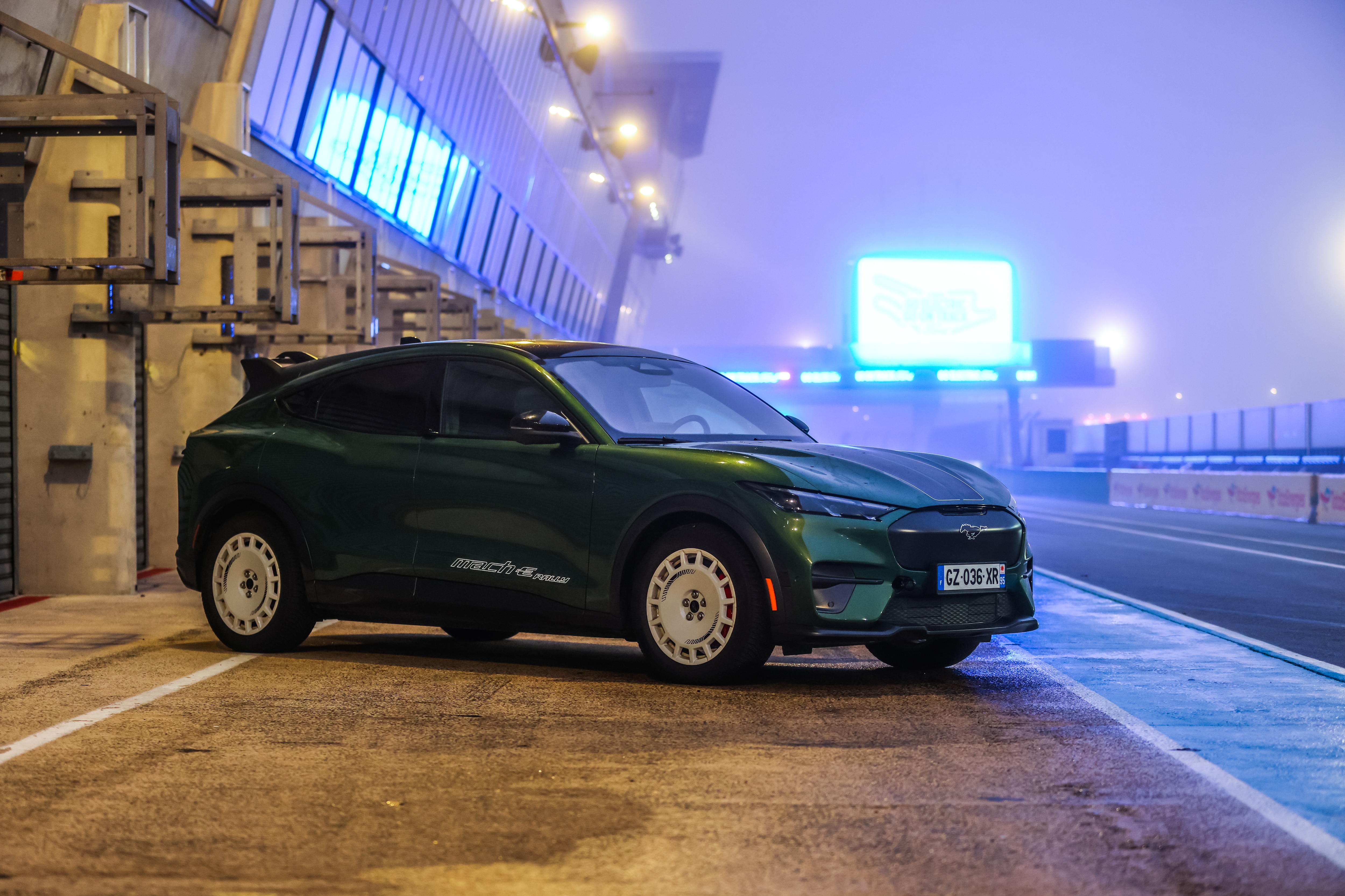 Ford Mustang Mach-E Rally in the pit lane at the Go Electric Go On Track Go Ford event, Le Mans, France.