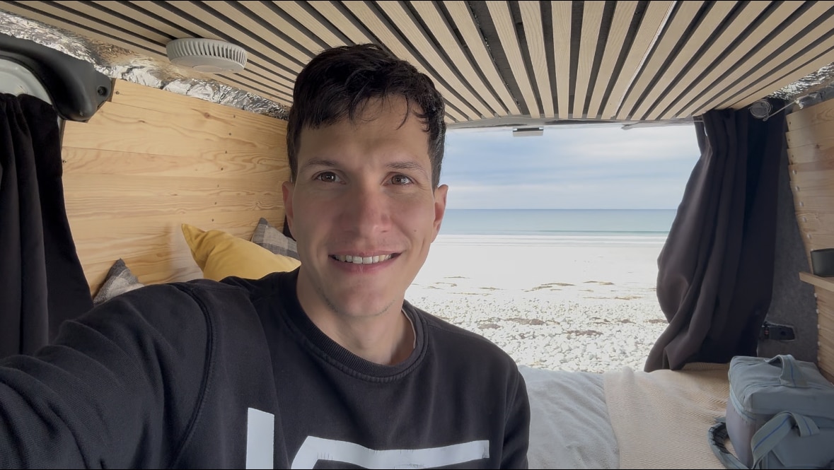 Dom Wright in his 2021 Transit, modified to be his home.