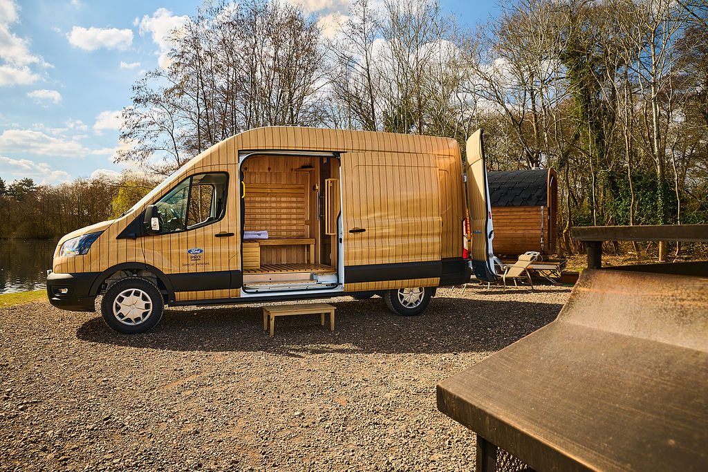 The completed sauna van created by Ford's Special Vehicle team.  LICENSE EXPIRES: PERPETUAL - LICENSE BY: Ford Europe LICENSE SCOPE: A - Earned editorial, press releases, press kits. B - All non-broadcast digital and online media. C - All non-broadcast digital and online media, plus Retail and POS (showrooms, events etc). D - All print media (newspaper, magazine etc) REGION: Global COPYRIGHT AND IMAGE RIGHTS: This content is solely for editorial use and for providing individual users with information. Any storage in databases, or any distribution to third parties within the scope of commercial use, or for commercial use is permitted with written consent from Ford of Europe only.