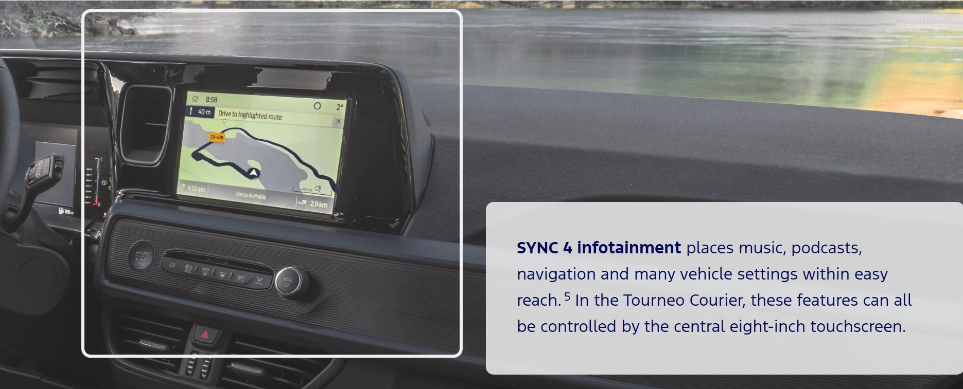 SYNC 4 in new Tourneo Courier. Tourneo Courier Active on the road. Tourneo Courier on the road. License valid until 15th May 2026 for earned editorial, press releases and press kits in Europe only. This content is solely for editorial use and for providing individual users with information. Any storage in databases, or any distribution to third parties within the scope of commercial use, or for commercial use is permitted with written consent from Ford in Europe GmbH only.