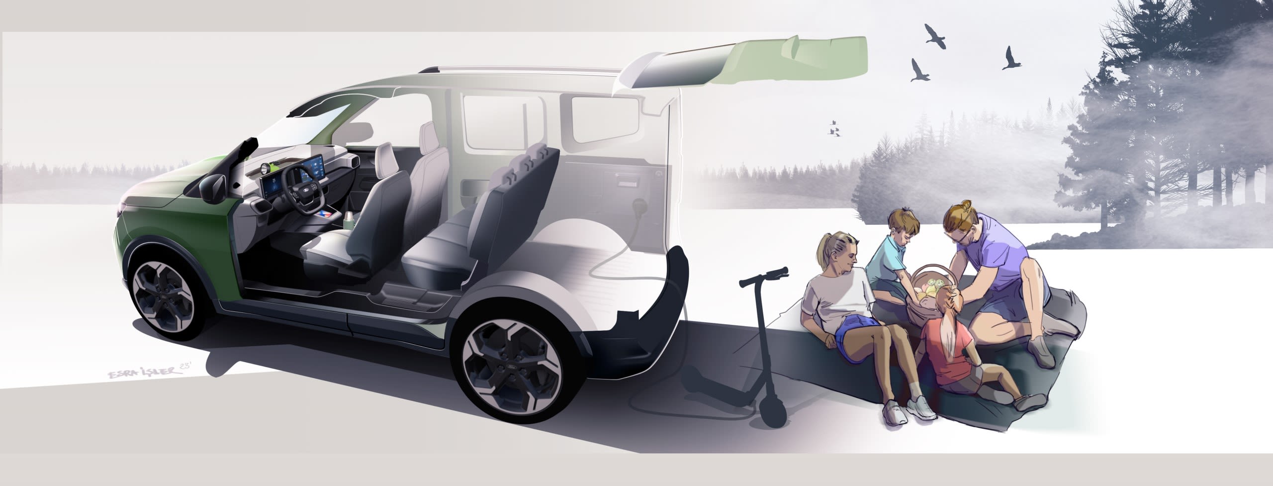 Tourneo Courier interior sketch highlighting family potential. License valid  for earned editorial, press releases and press kits in Europe only. This content is solely for editorial use and for providing individual users with information. Any storage in databases, or any distribution to third parties within the scope of commercial use, or for commercial use is permitted with written consent from Ford in Europe GmbH only.