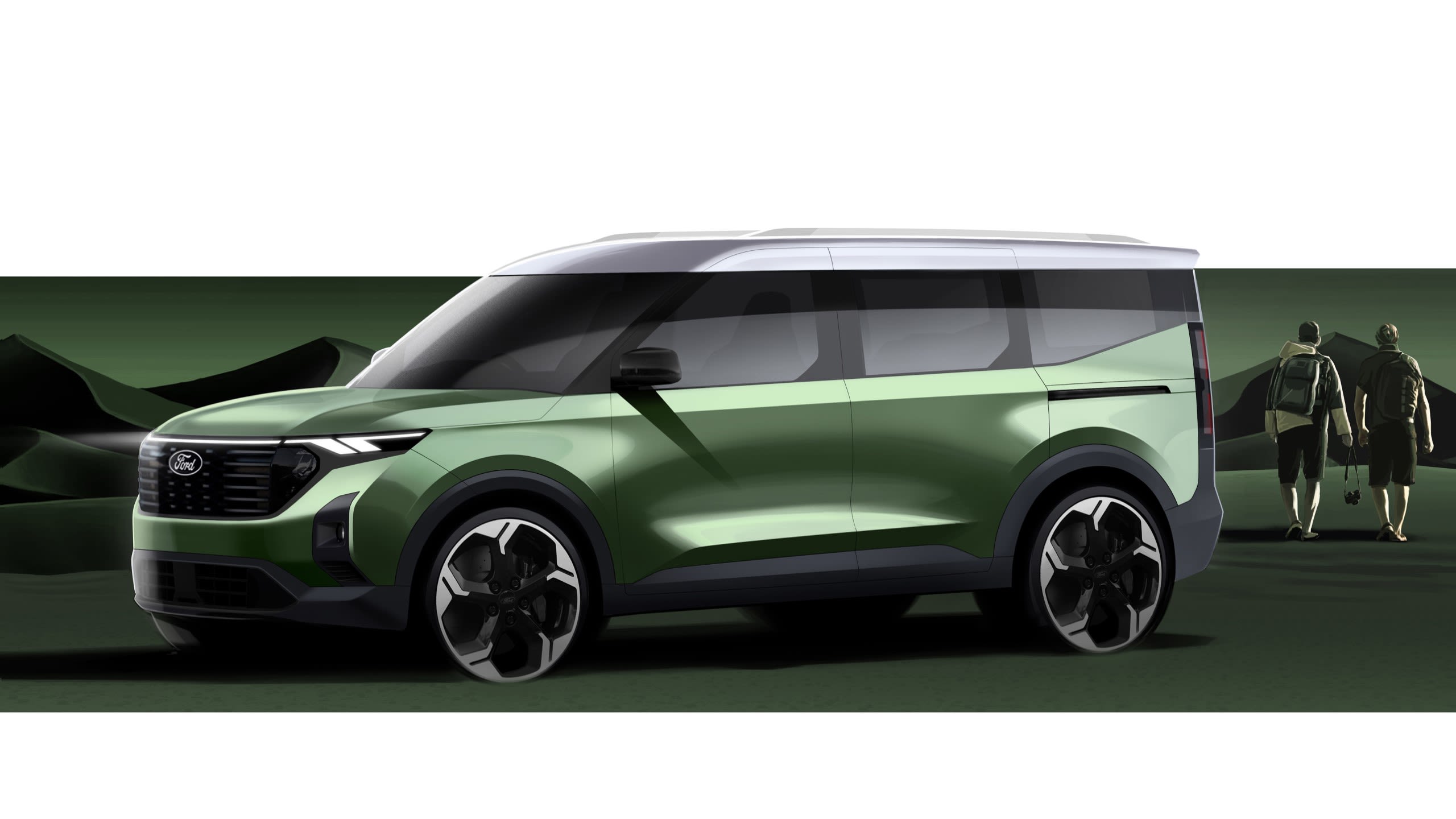 Sketch of Tourneo Courier Active. License valid  for earned editorial, press releases and press kits in Europe only. This content is solely for editorial use and for providing individual users with information. Any storage in databases, or any distribution to third parties within the scope of commercial use, or for commercial use is permitted with written consent from Ford in Europe GmbH only.