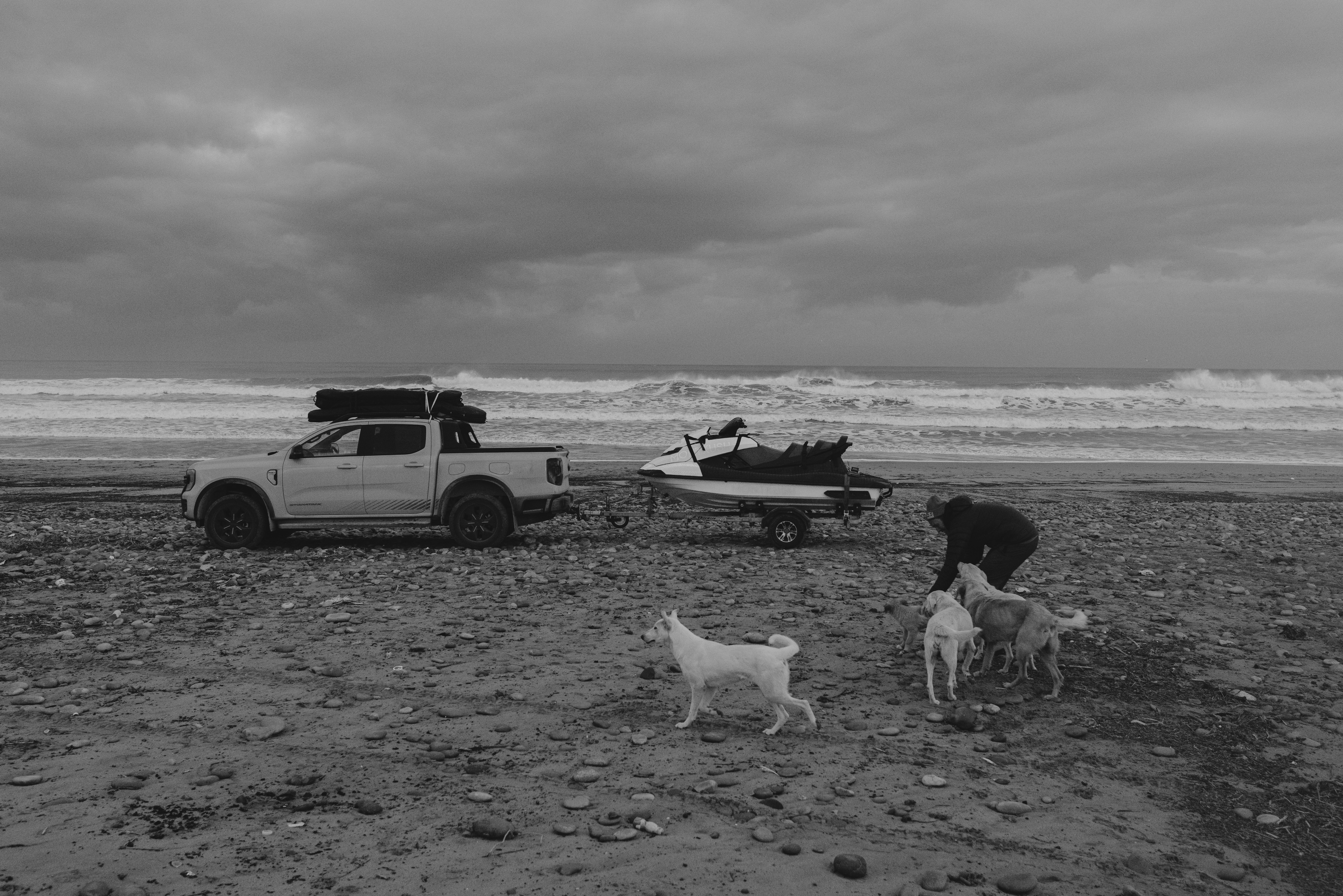 Ranger PHEV on the beach with jet ski ready to head out into the big waves. Credit: Sam Sherring www.samuelfsherring.com