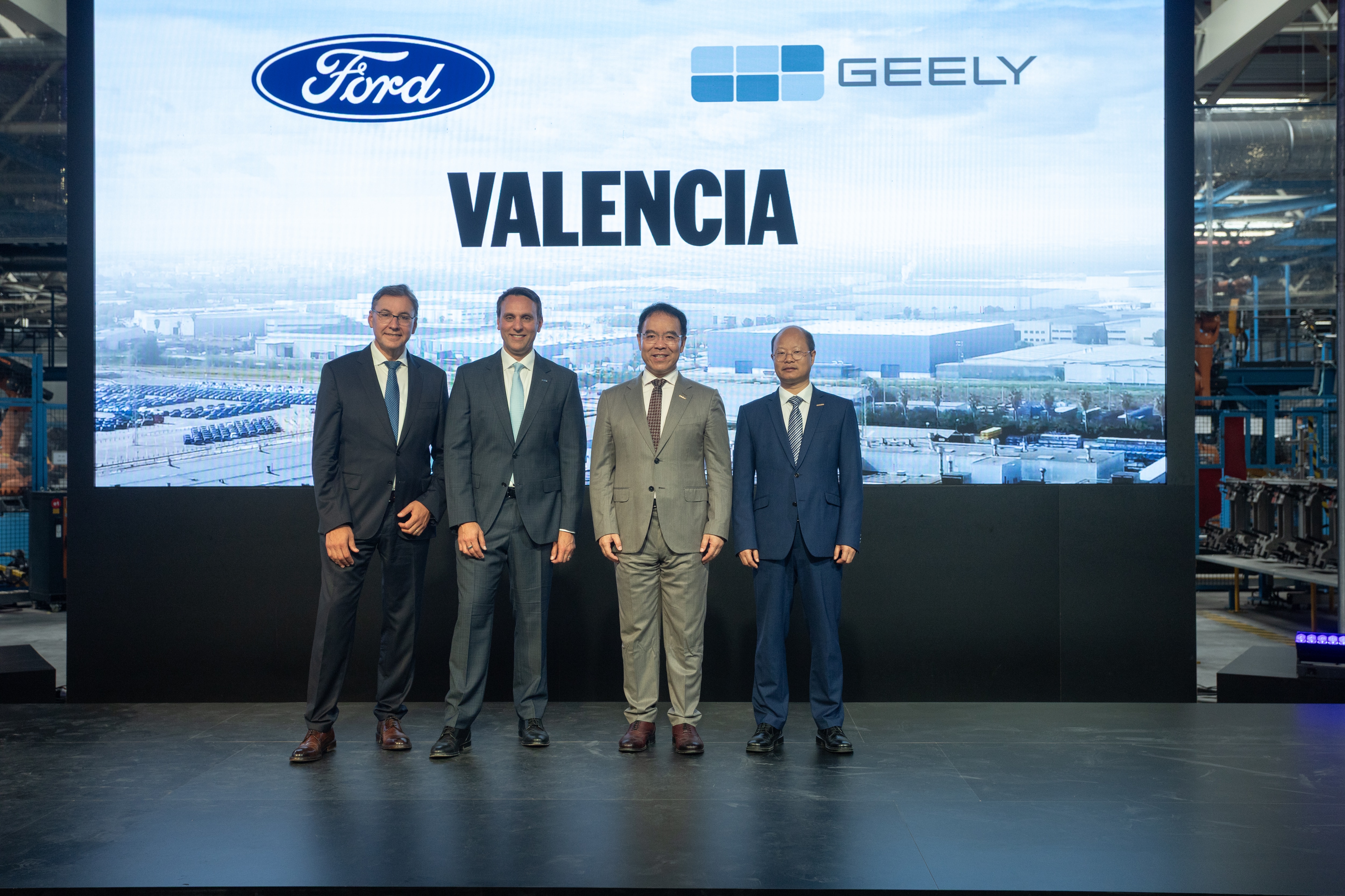 Ford Motor Company and Geely Auto announce an agreement to form a Europe-focused joint venture at Ford’s Valencia, Spain, manufacturing hub. From left to right: Daniel Ruiz, Director Manufacturing Valencia Plant; Jim Baumbick, President Ford in Europe; Victor Yang, Senior Vice President Geely Holding Group; Alex Nan, Vice President Geely Auto Group.