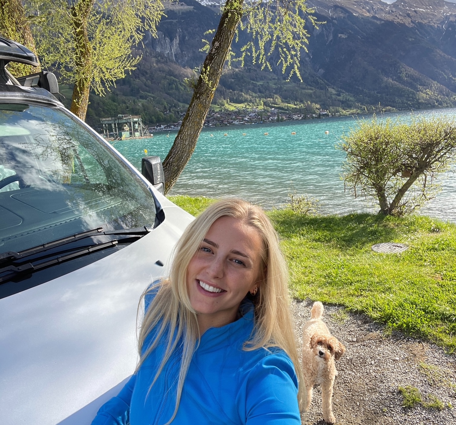 The adventure-ready Nugget brings Katy and her dog Nova to the shores of Oeschinen Lake, Switzerland
