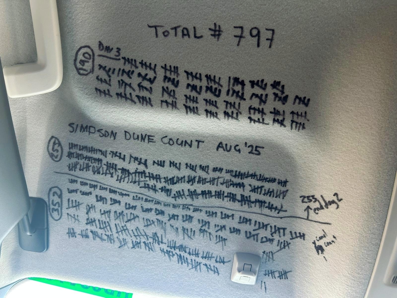 Handwritten notes about sand dunes in marker pen on Ranger Super Duty interior