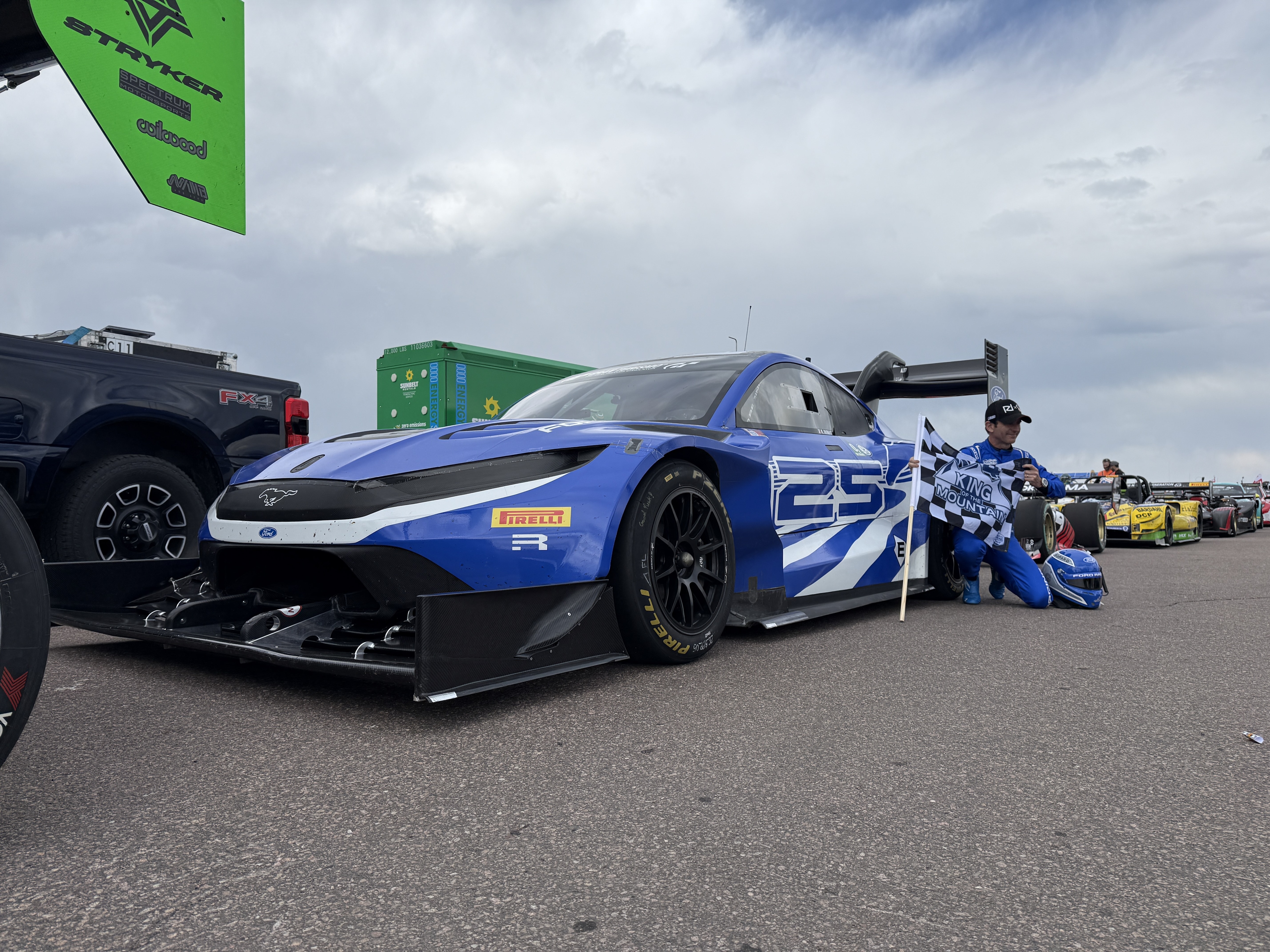 Romain Dumas and the Super Mustang Mach-E EV demonstrator at Pikes Peak.