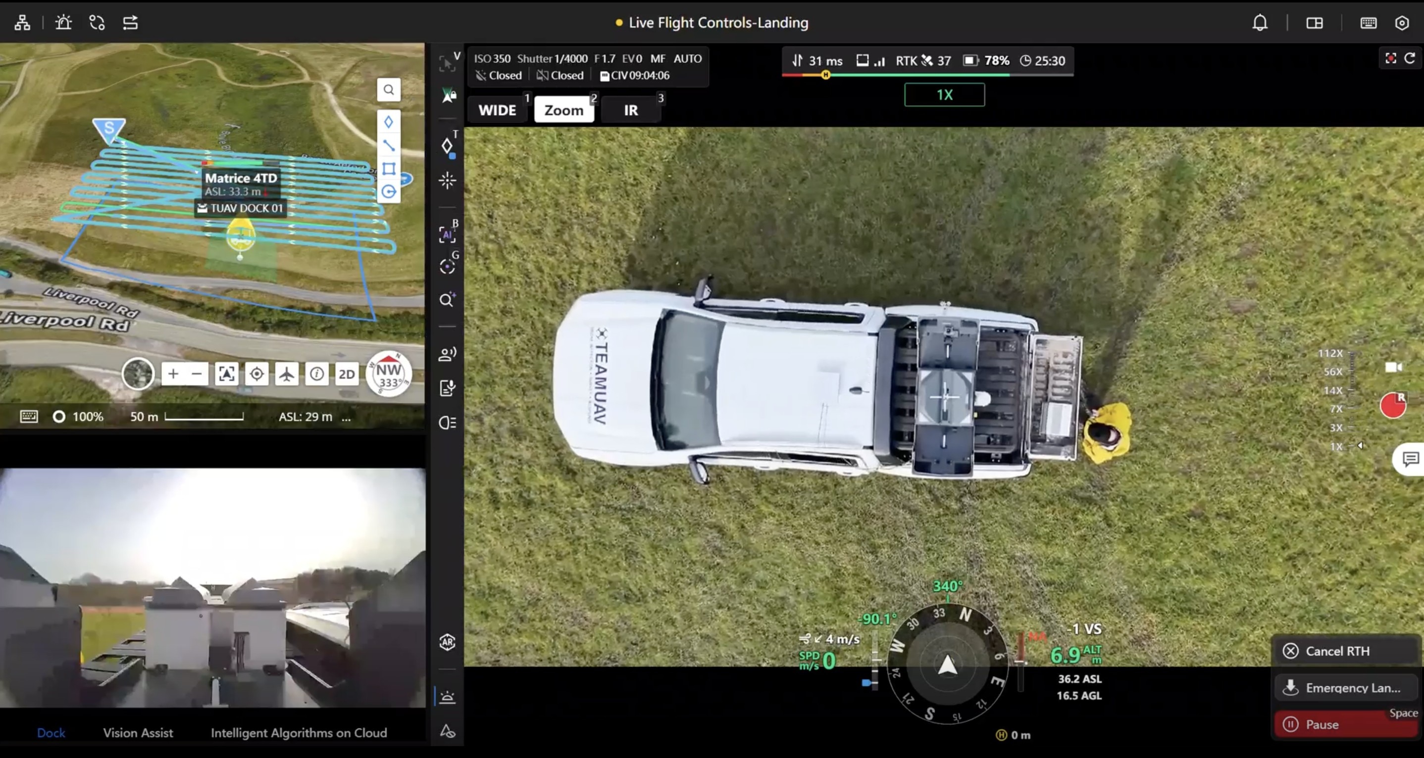 Ford Ranger truck seen from a drone landing UI, displaying flight telemetry, GPS map, and automated truck-bed docking station.