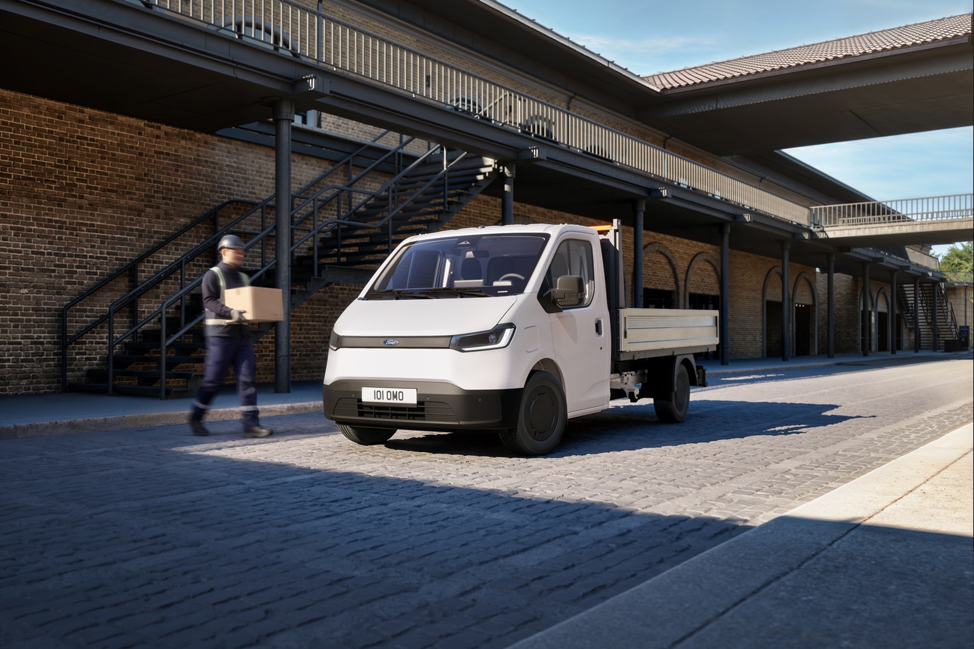 Transit City dropside with driver and box walking up to it