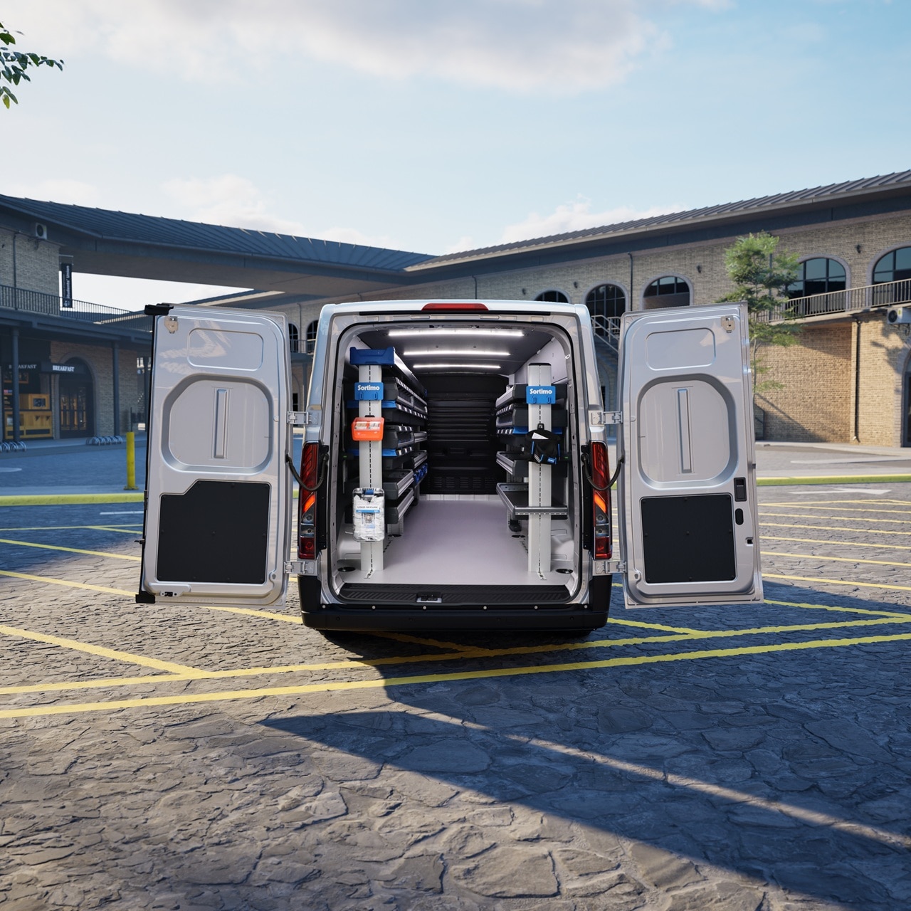 Transit City rear view with doors wide open to show the Sortimo SRS racking inside