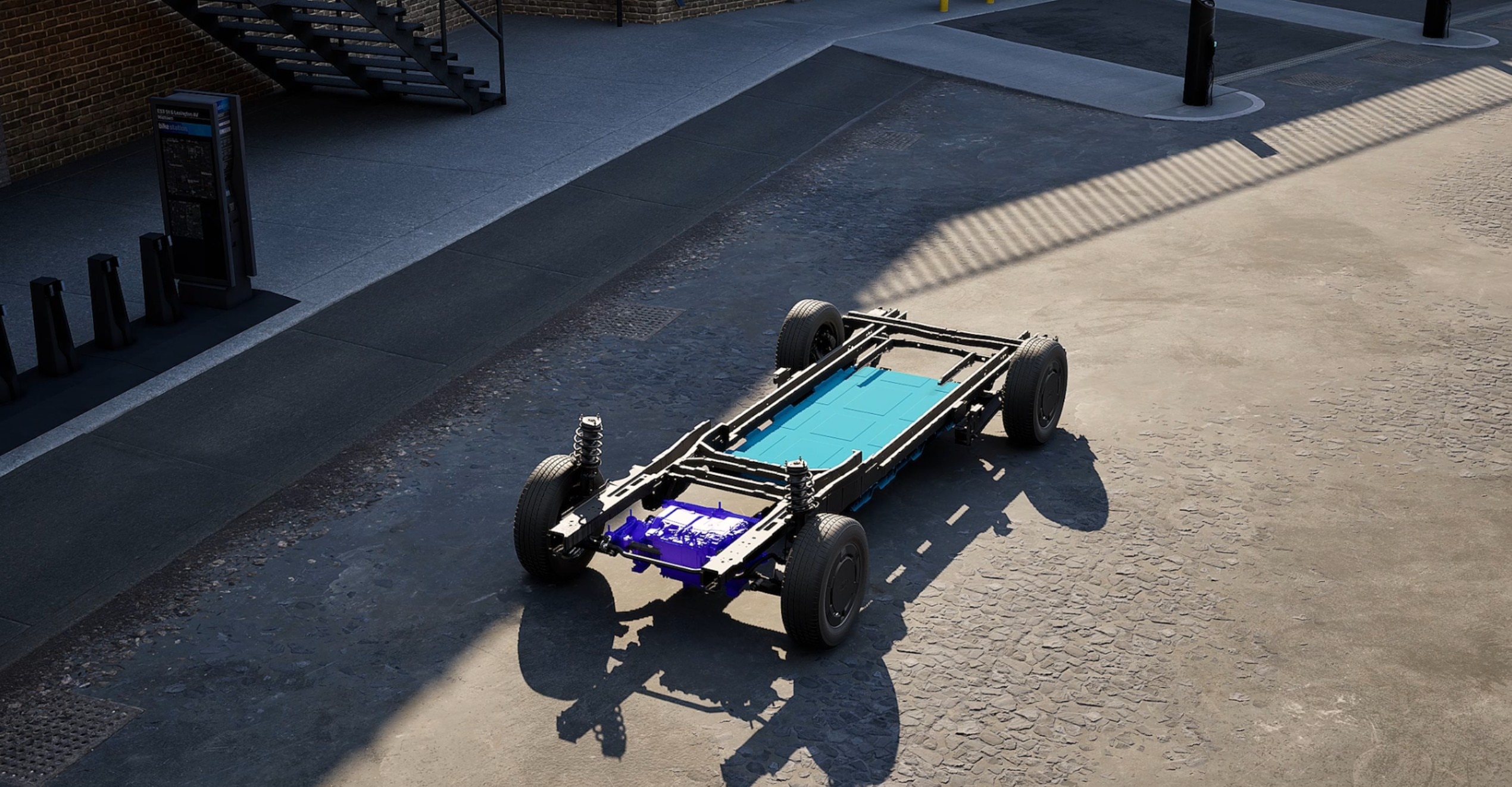 Transit City powertrain cutaway showing optimised chassis rail design, battery and e-motor positions.