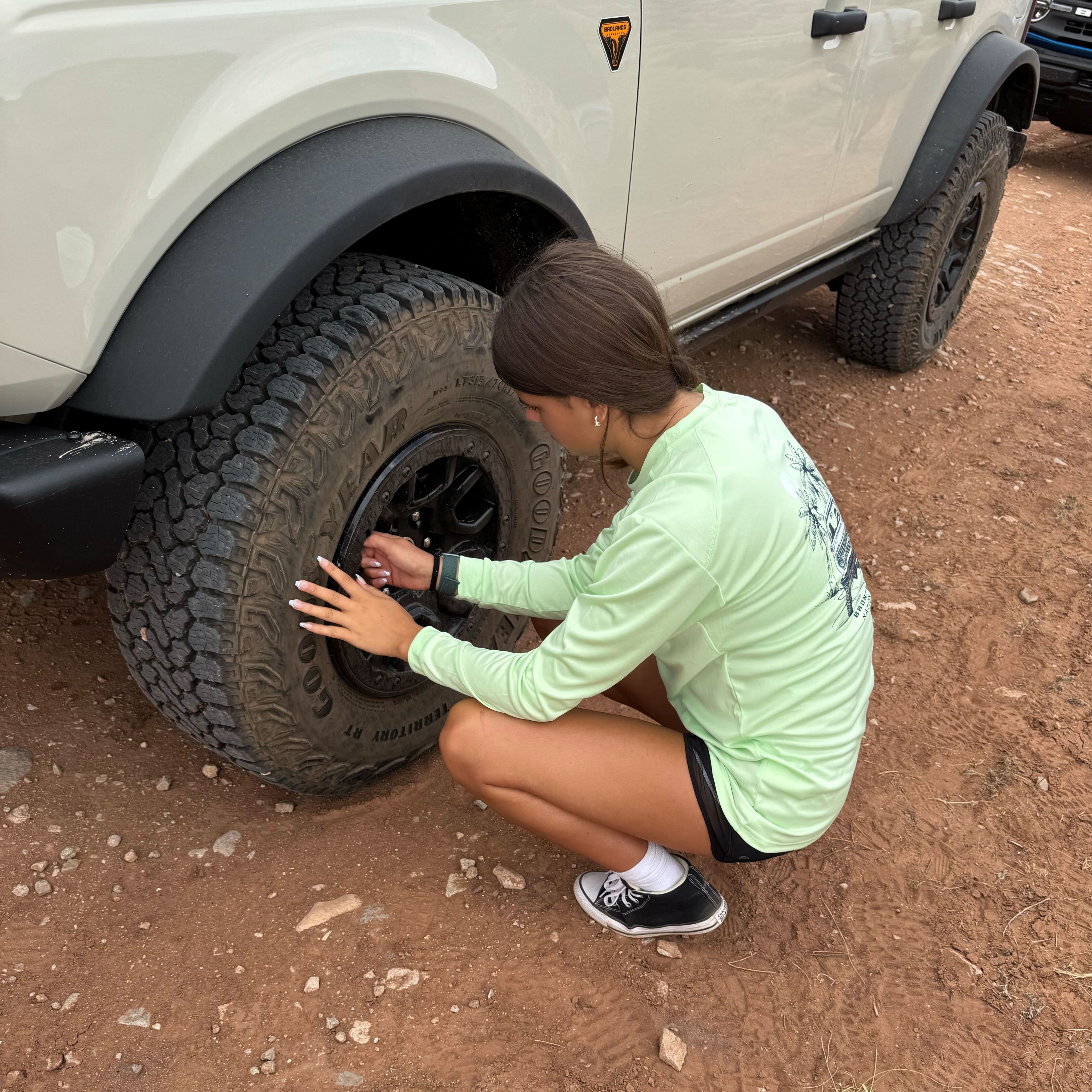Jim’s daughter Lilly learning how to air down tires.