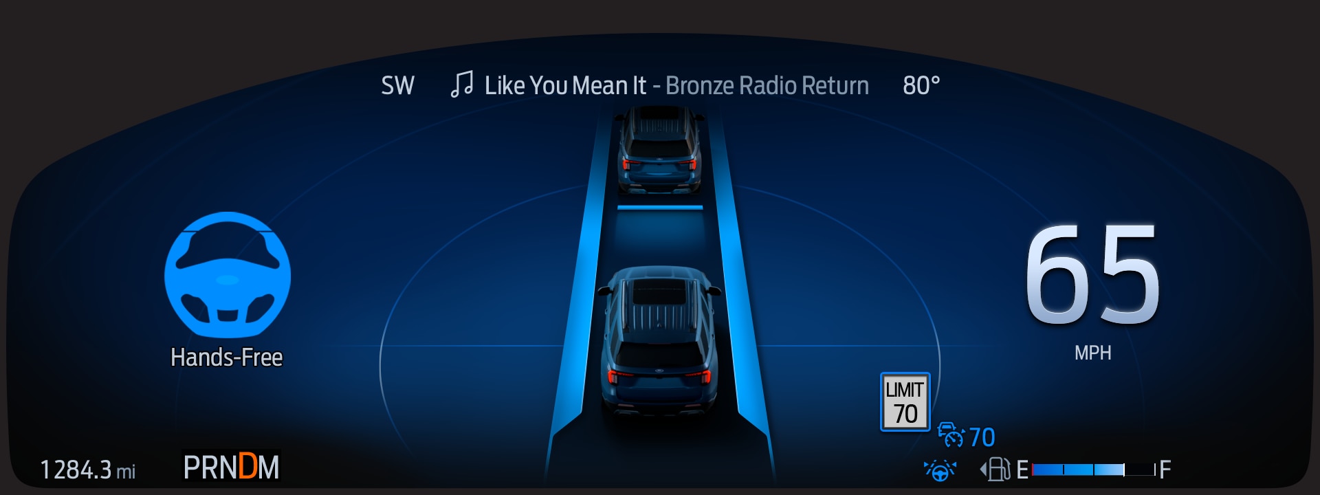 2025 Explorer display screen of BlueCruise hands-free highway driving engaged.