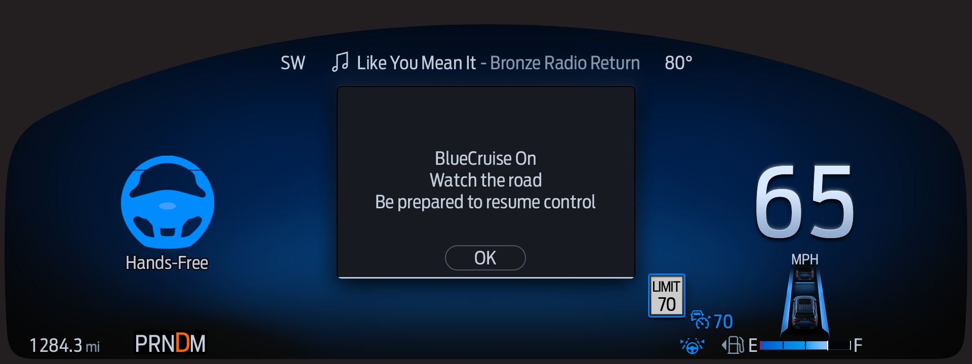 2025 Explorer display screen of BlueCruise hands-free highway driving engaged and initial messaging when the feature is turned on.