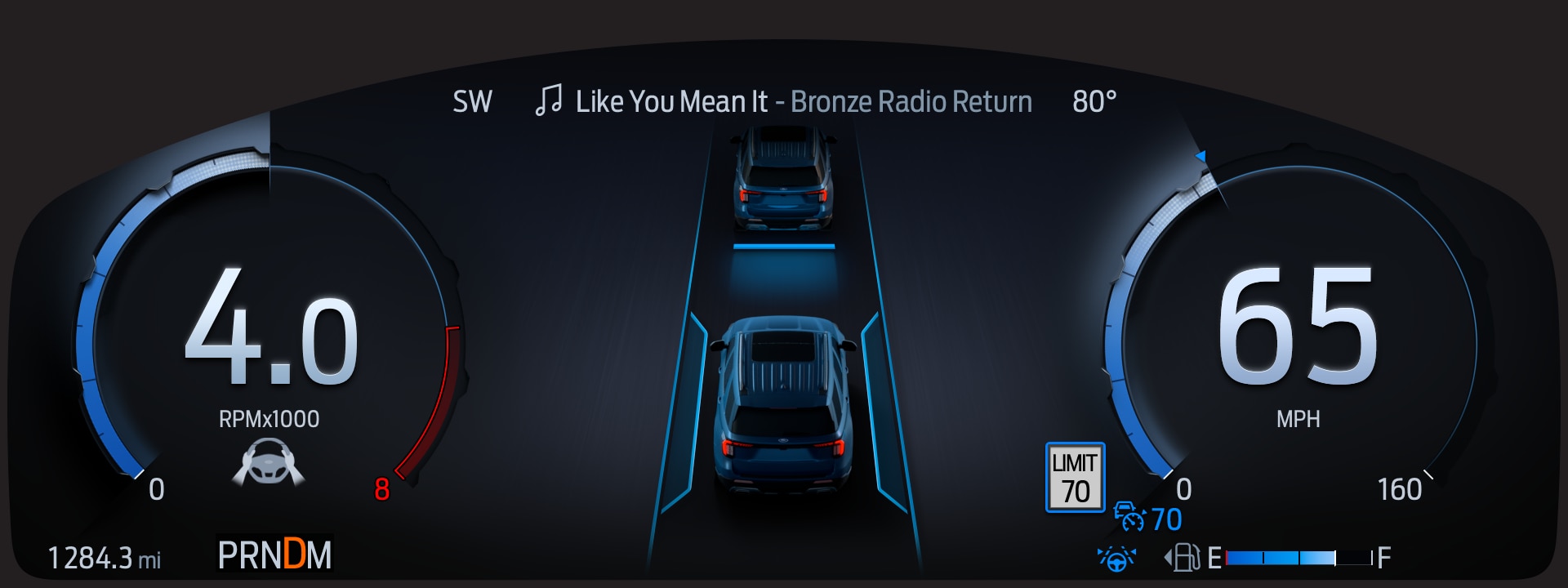 2025 Explorer display screen of Adaptive Cruise Control, hands-on mode engaged.