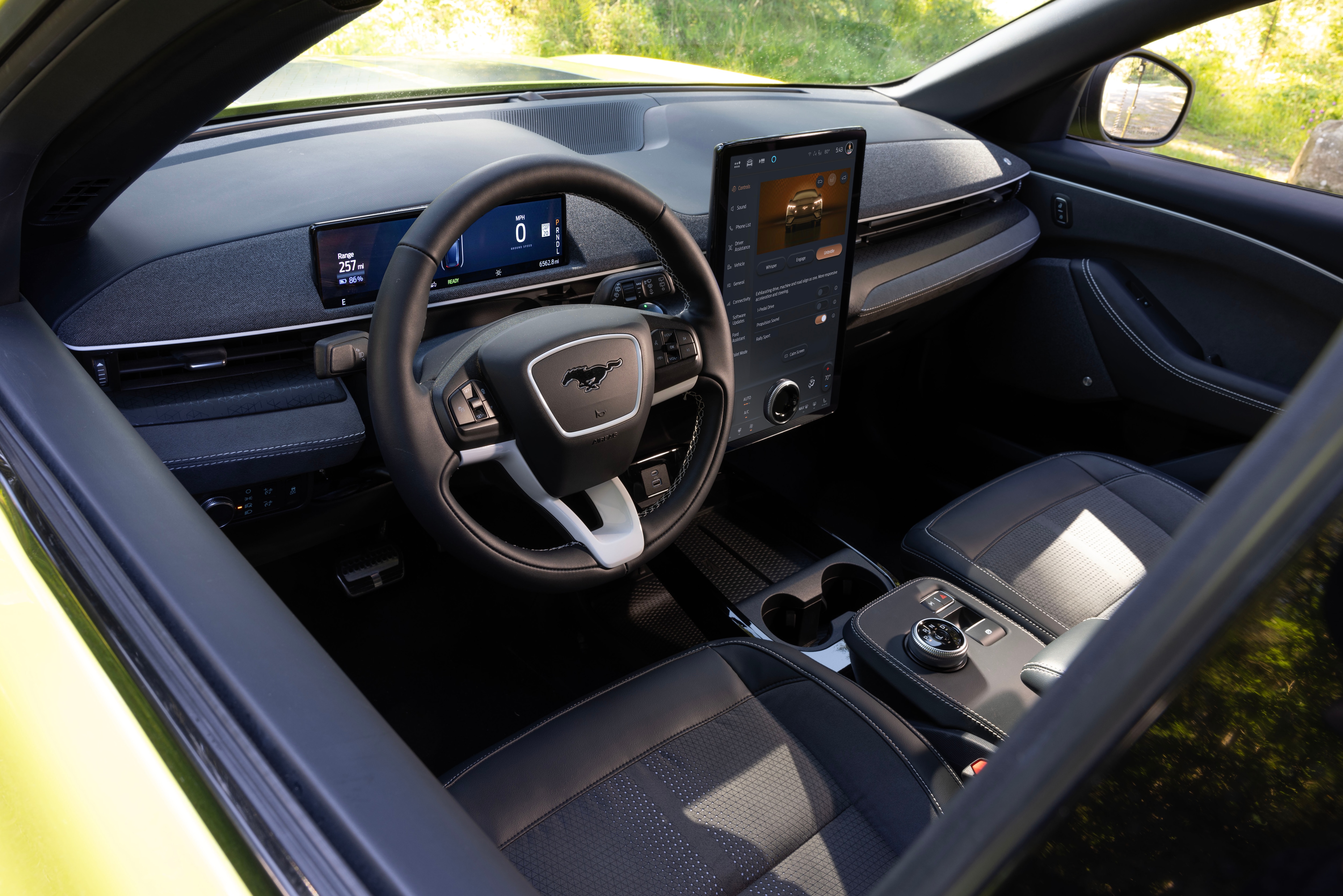 Interior details on a 2024 Ford Mustang Mach-E Rally Edition.