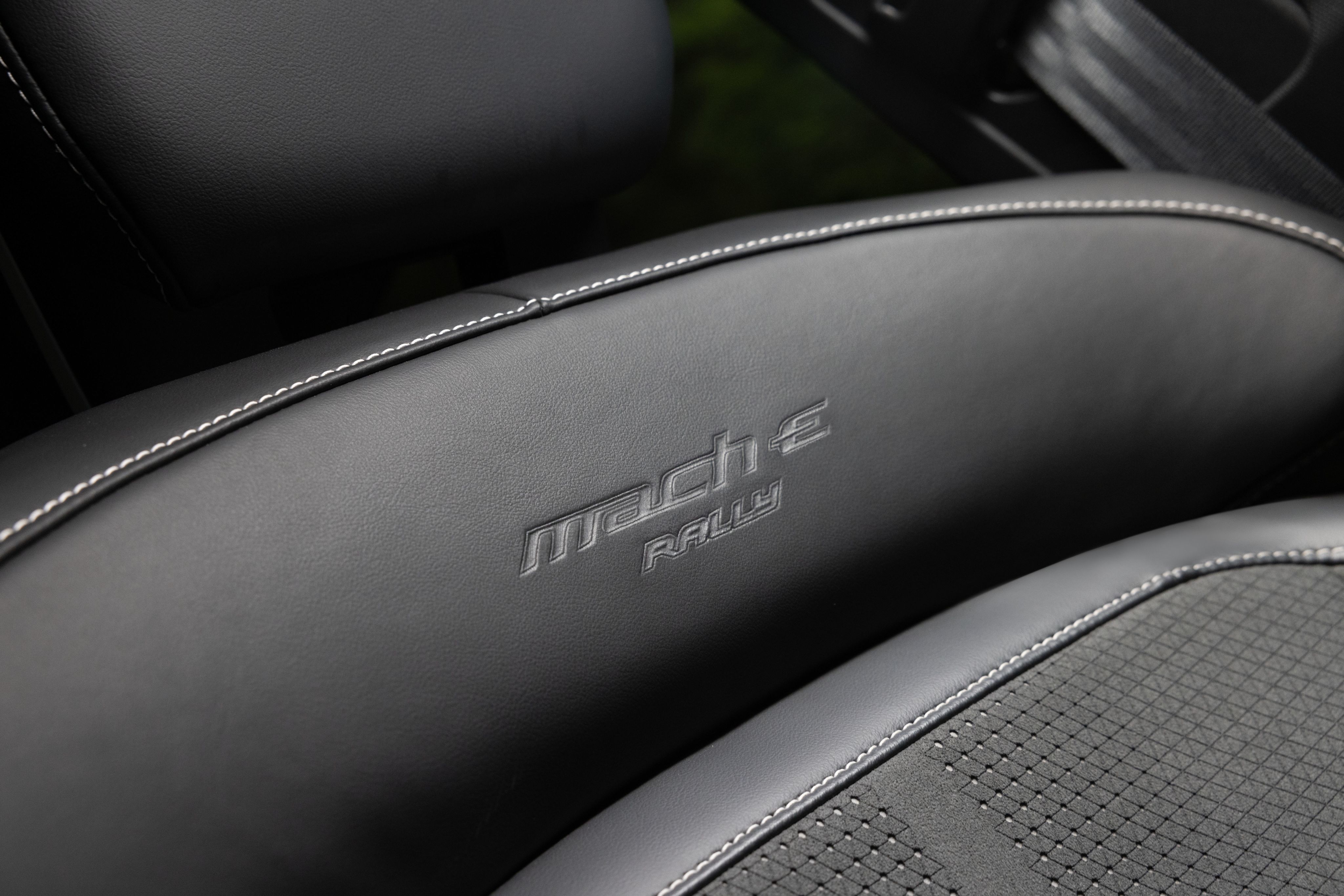 Interior seat detail on a 2024 Ford Mustang Mach-E Rally Edition.