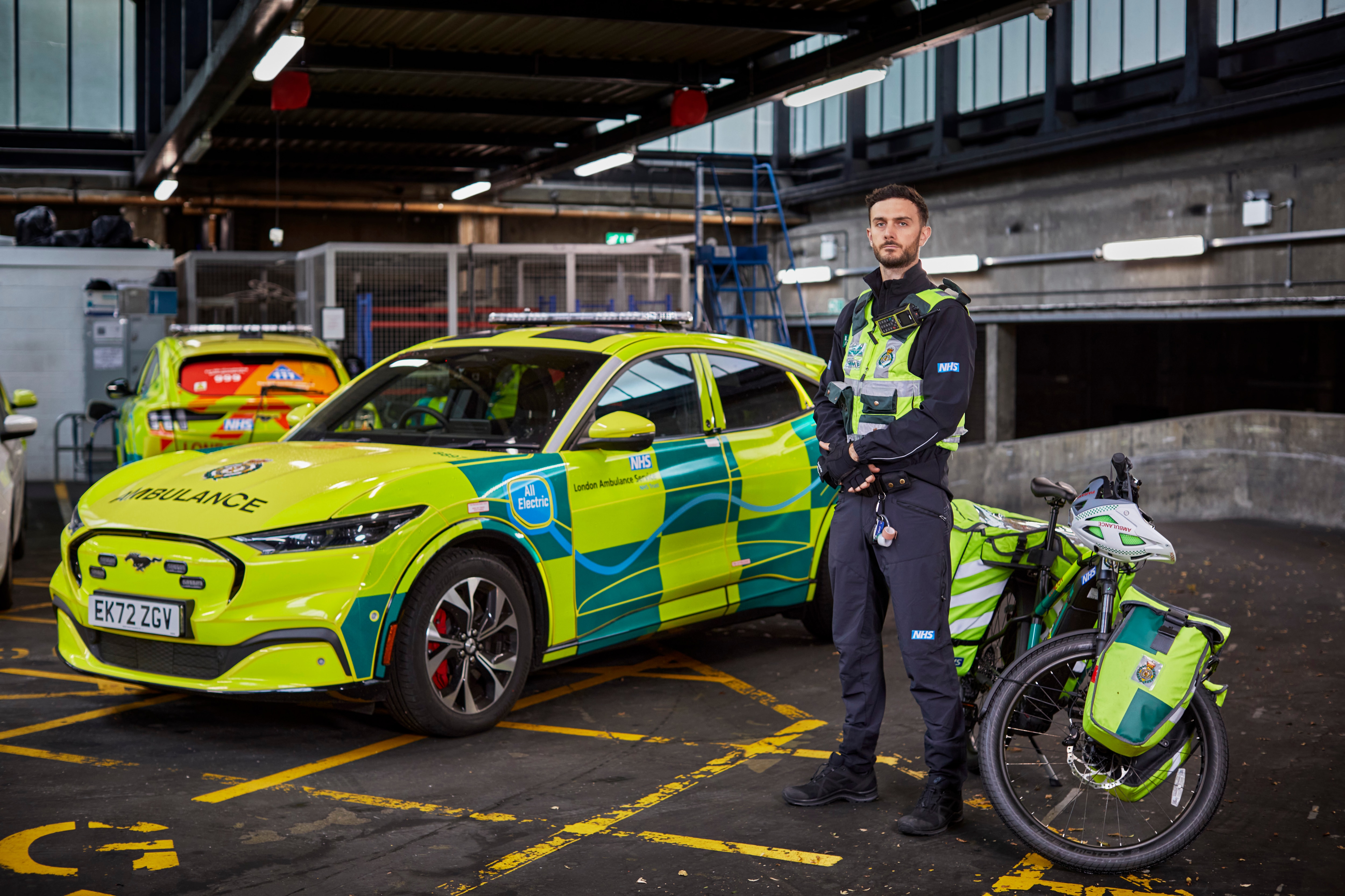 To get to incidents as quickly as possible 42 Fast Response Unit vehicles are used by paramedics at London Ambulance Service, all of which are specially adapted Ford Mustang Mach-E electric vehicle. 