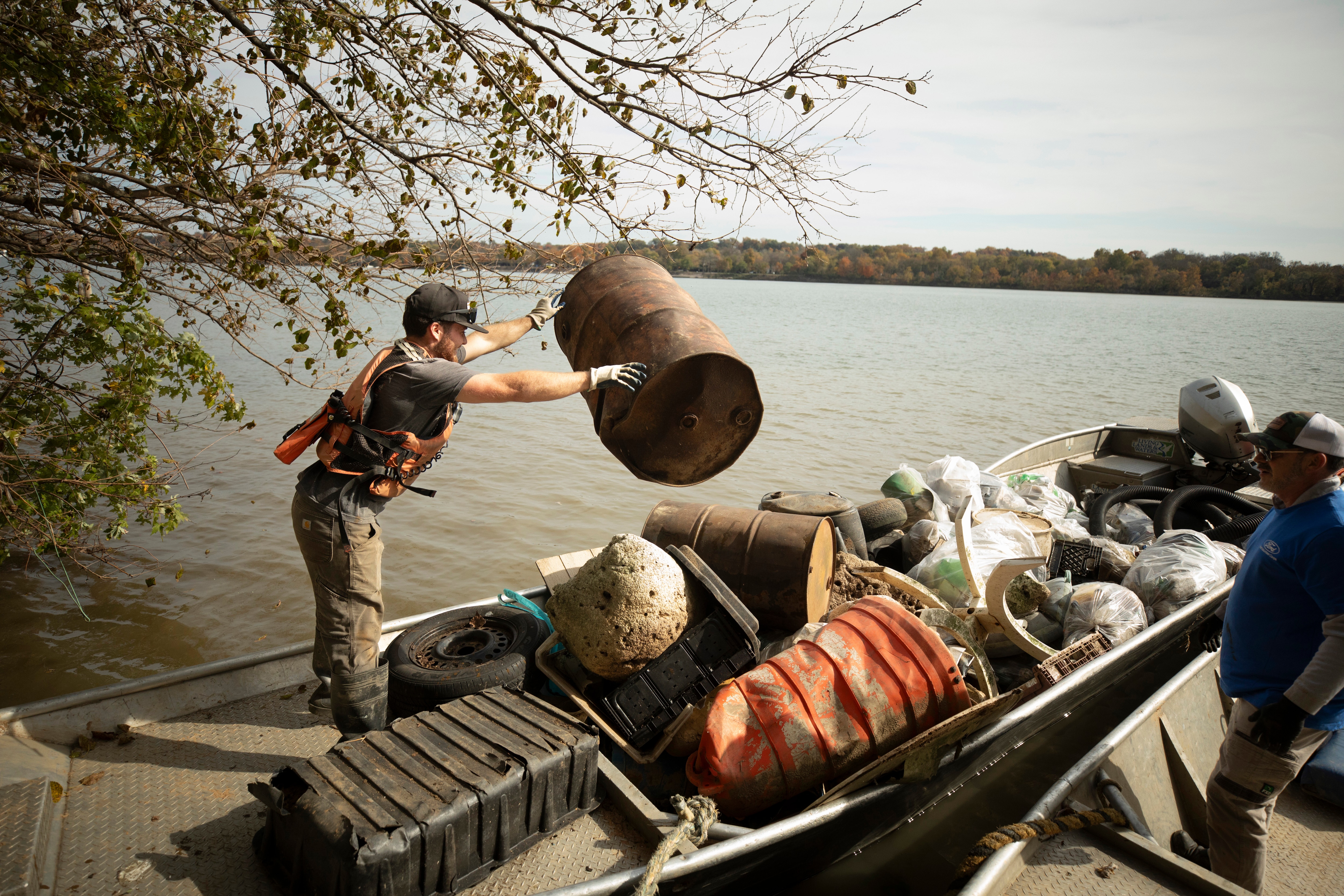 A team of volunteers from Ford and other local organizations partnered with Living Lands and Waters to help with a cleanup of the Ohio River in Louisville, Kentucky, in October 2024.