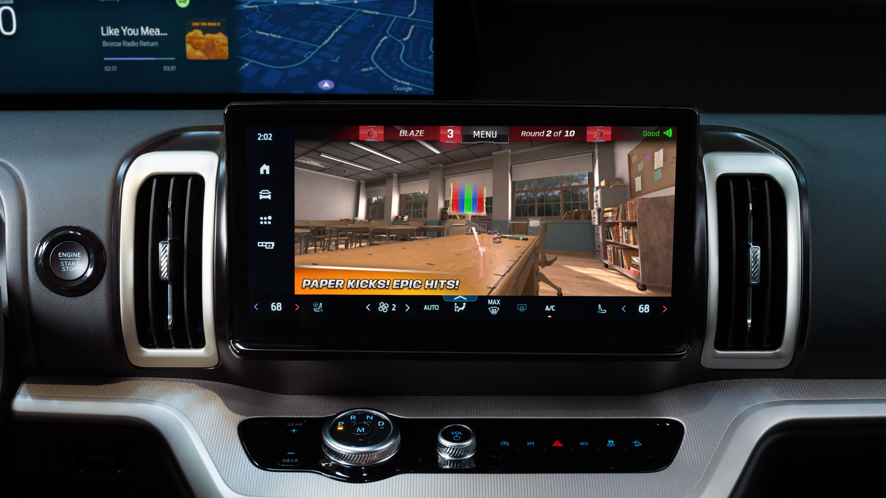 A digital shuffleboard game appears on the dashboard of a Ford vehicle.