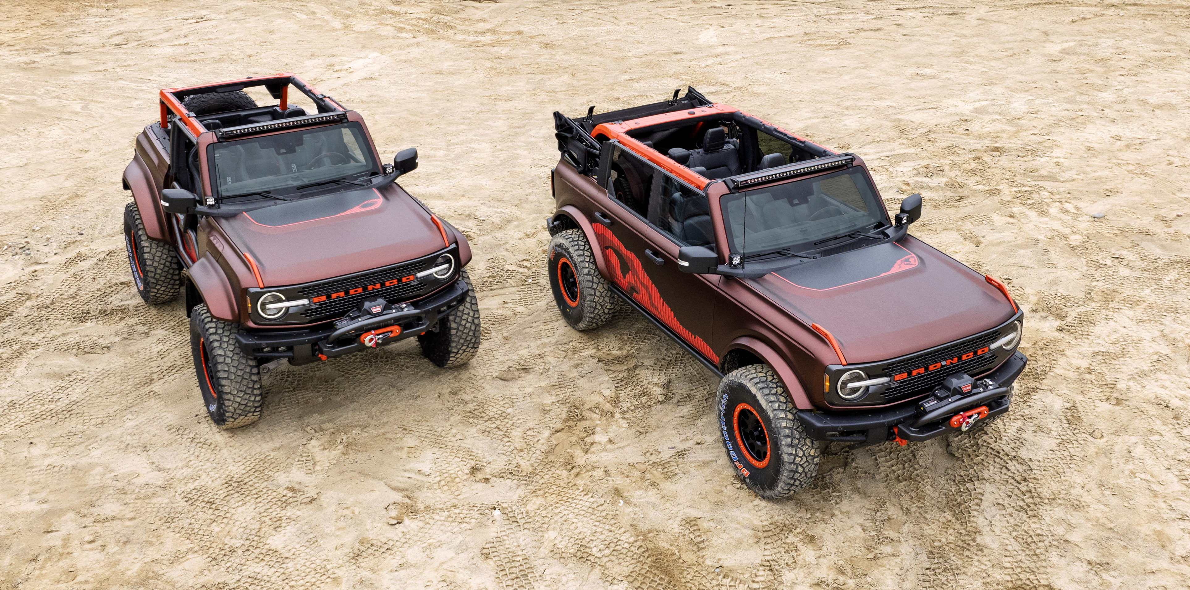 The Bronco Off-Roadeo: Cliffhanger Project Vehicle, left, and Bronco Off-Roadeo™: Arches Edition.