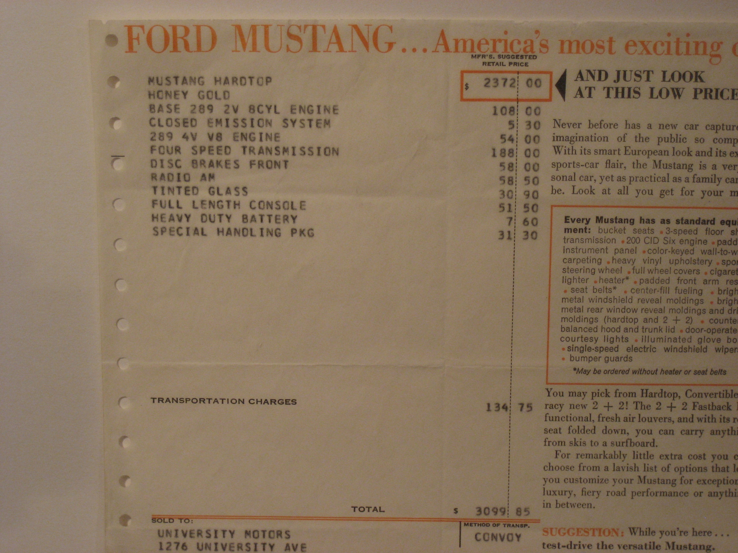 A window sticker from a Ford Mustang from the mid 1960s.
