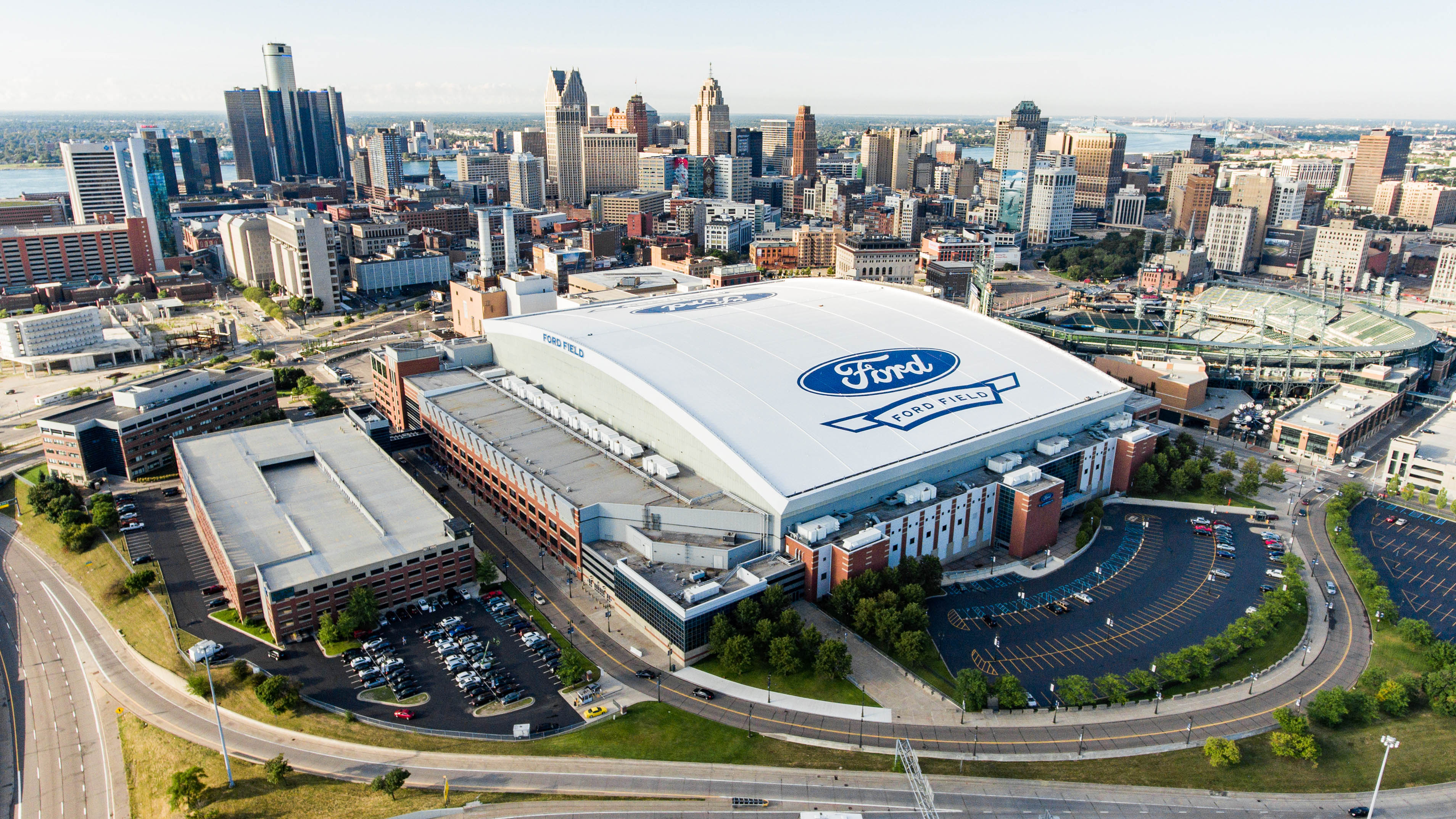 Arial exterior imagery of Ford Field using a drone.