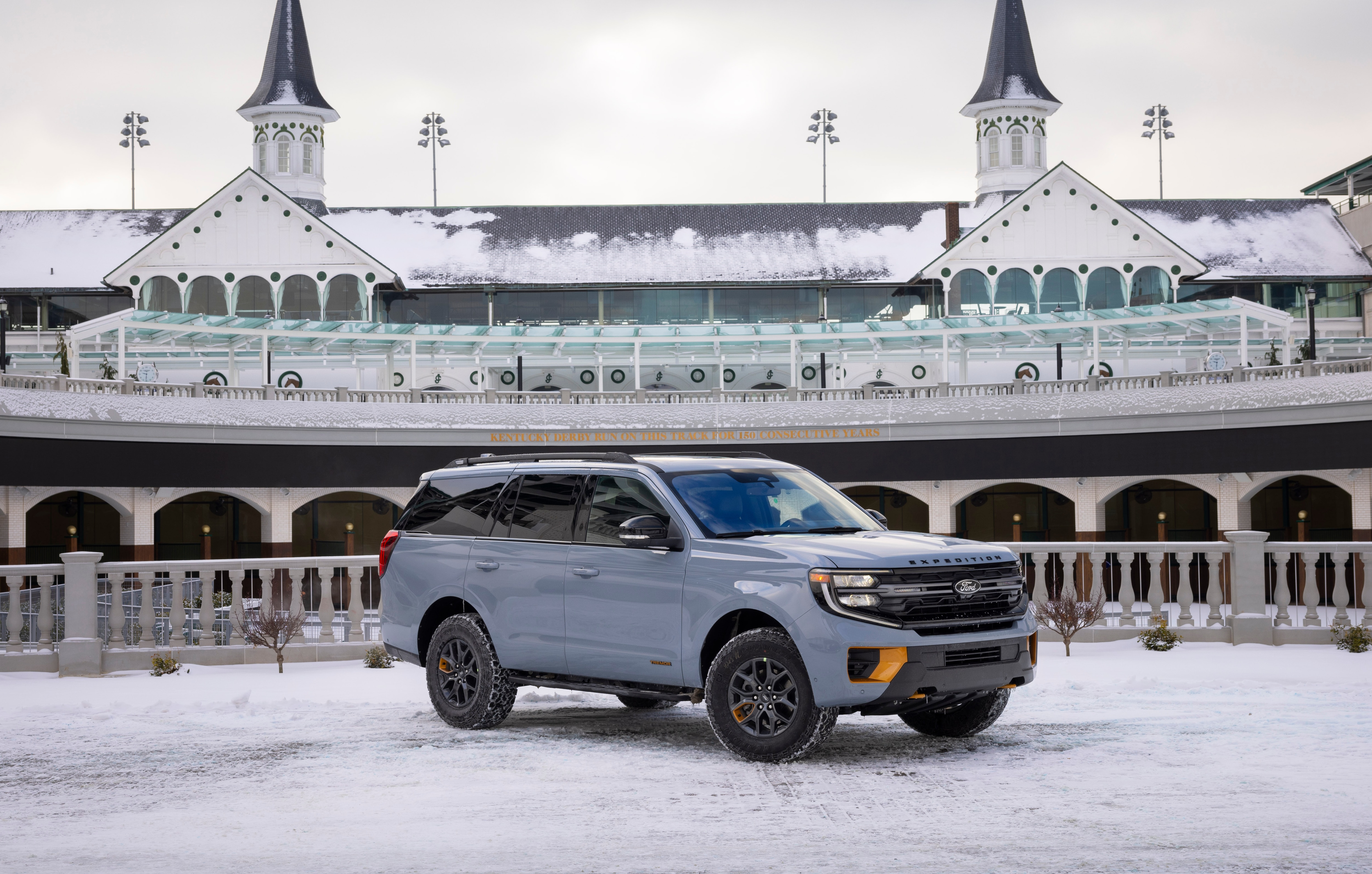 A Ford Expedition is parked in front of Churchill Downs Racecourse in Louisville, Kentucky. 