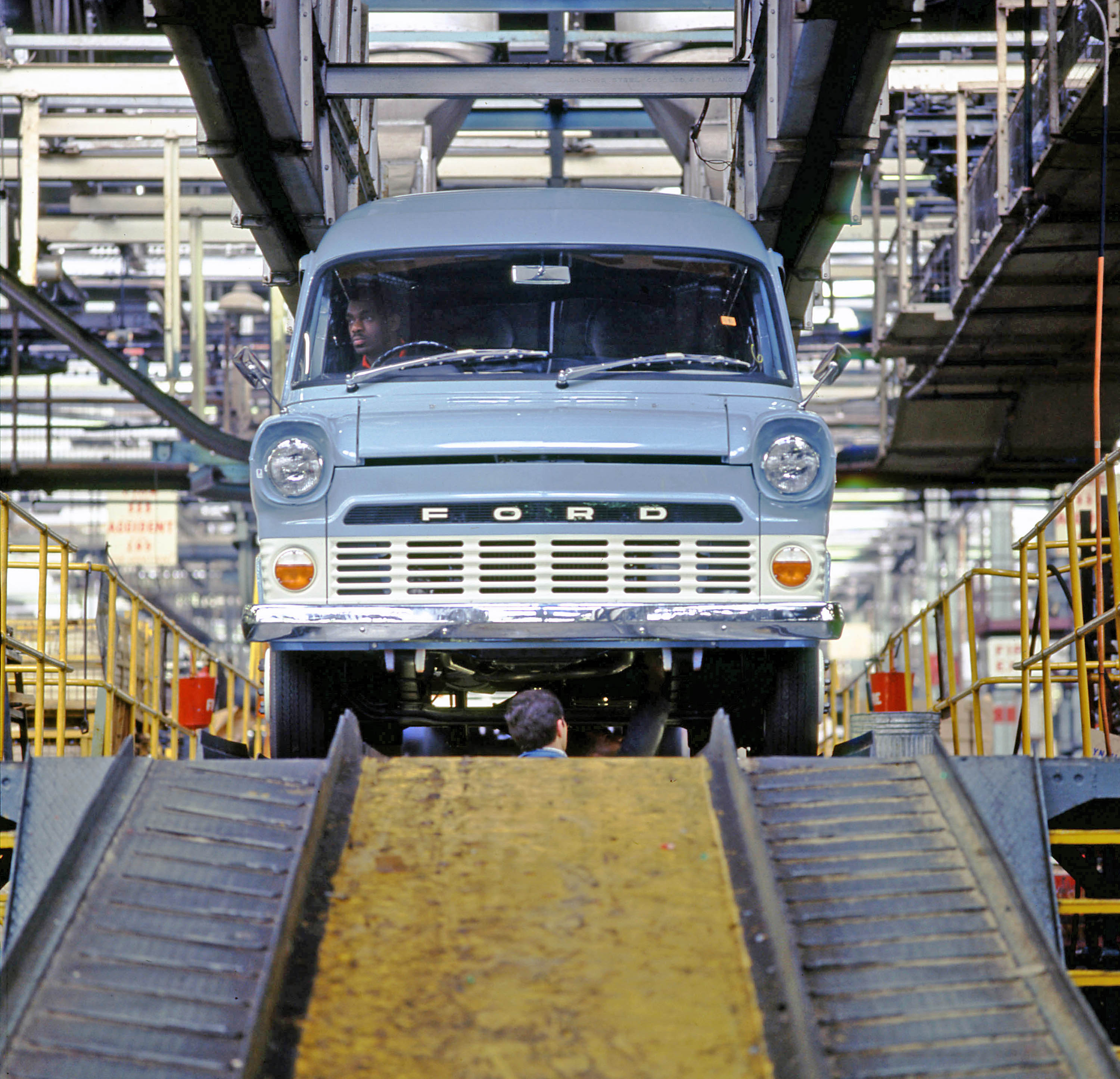 The first ever Ford Transit coming down the line at the Langley commercial vehicle plant.