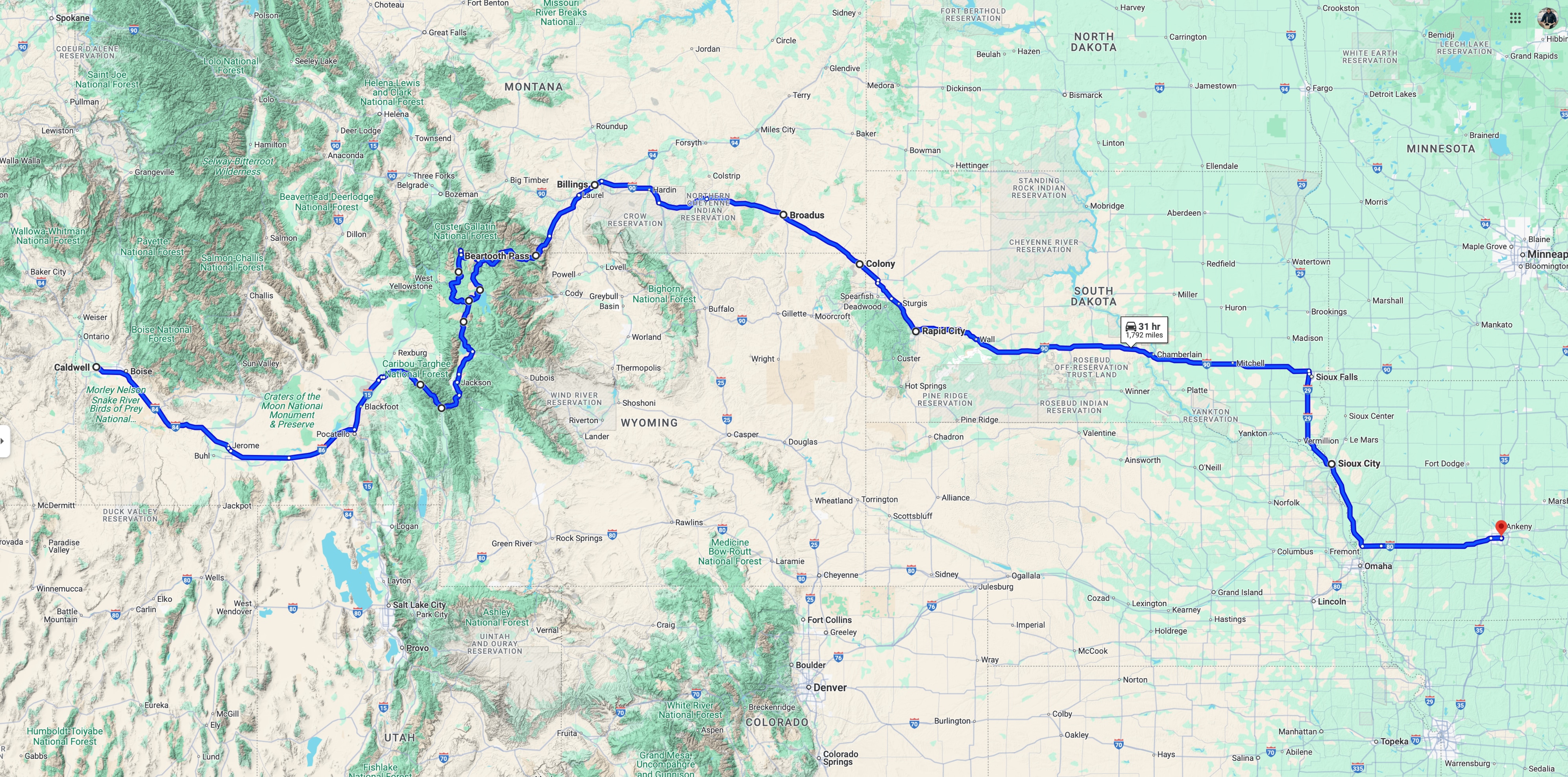 A map of North America showing a route from Idaho to Iowa