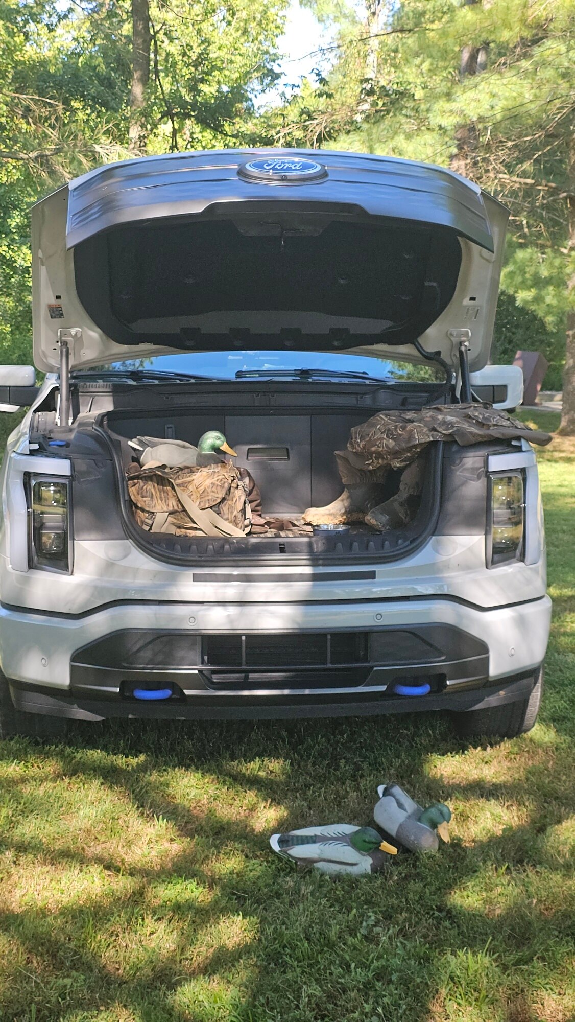 Kentucky hunter Tony Baudino finds comfort for himself and his dog in the F-150 Lightning while hunting.