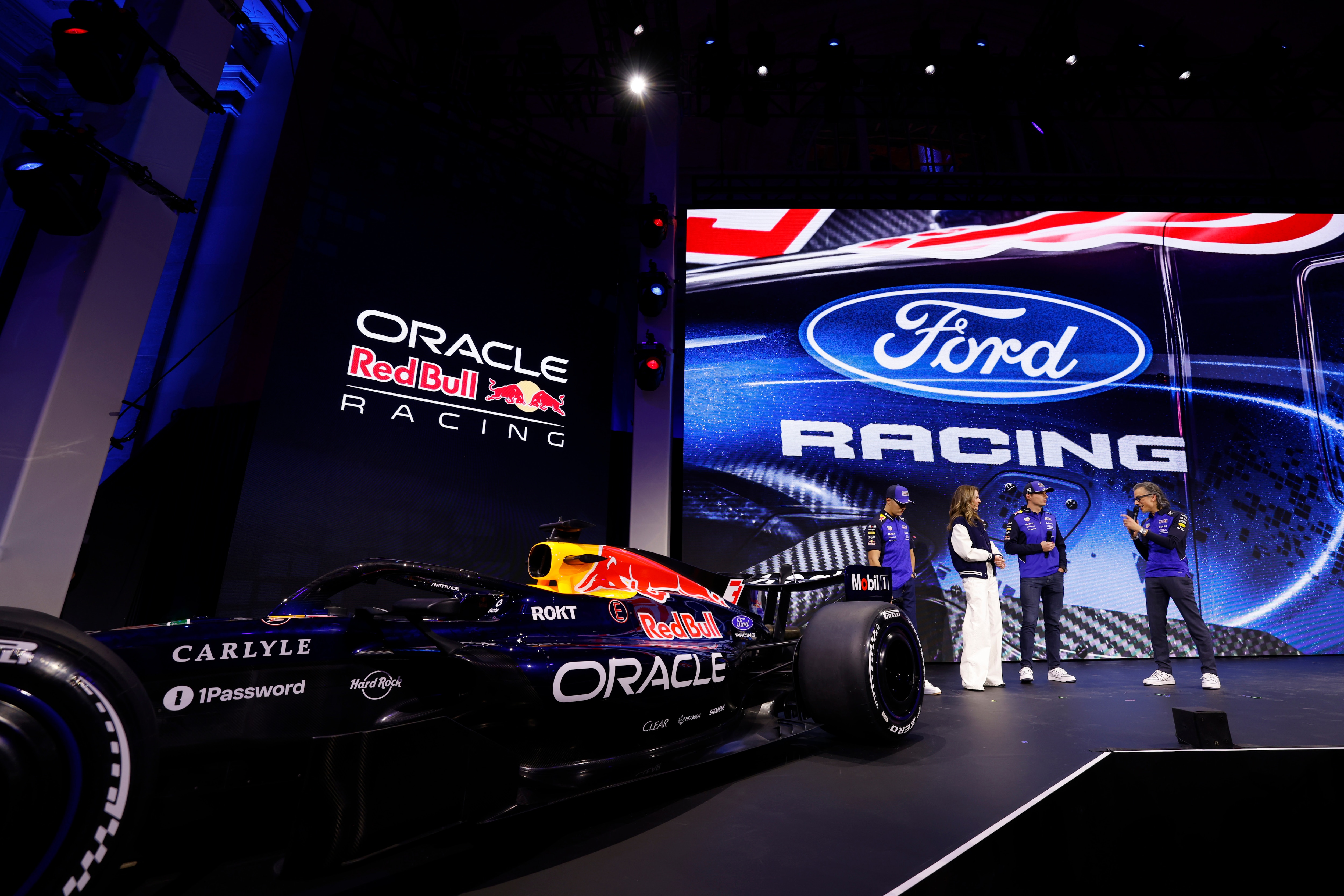Isack Hadjar, Driver, Nicole Briscoe, Sportscaster, Max Verstappen, Driver and Laurent Mekies, Principal of Red Bull Racing speak onstage at Ford Racing Season Launch in Detroit on January 15, 2026 in Detroit, Michigan. 