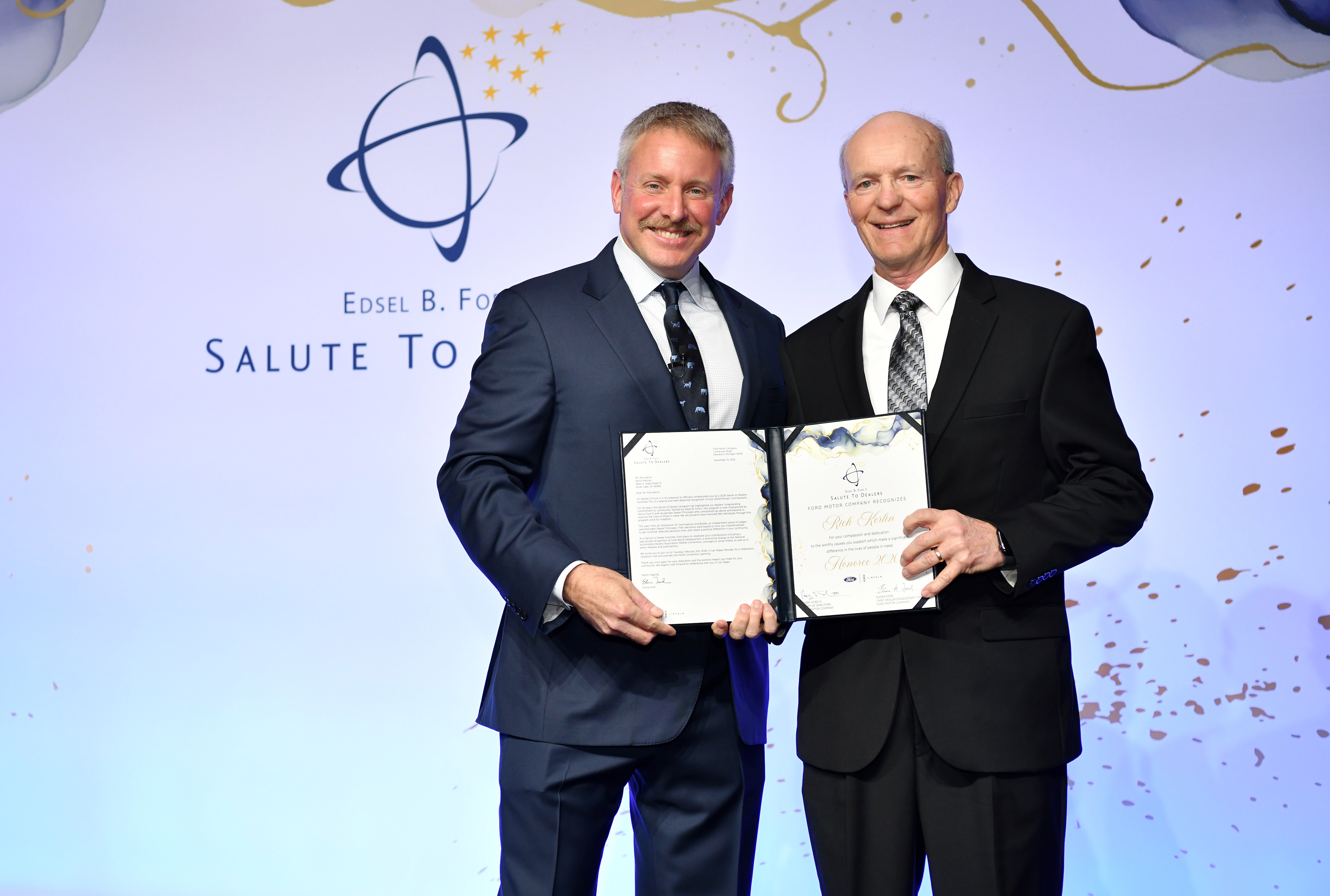 LAS VEGAS, Feb. 3, 2026 - Henry Ford III recognized the Ford Motor Company 2026 Salute to Dealers honorees at a reception on Feb. 3 in Las Vegas. For the past 26 years, Salute to Dealers, has recognized Dealer Principals who have made an extraordinary commitment to helping their communities through their support of countless charitable and philanthropic causes. This year, eight dealers were honored.Pictured: Henry Ford III and Rick Kerlin.Photo by: Sam VarnHagen