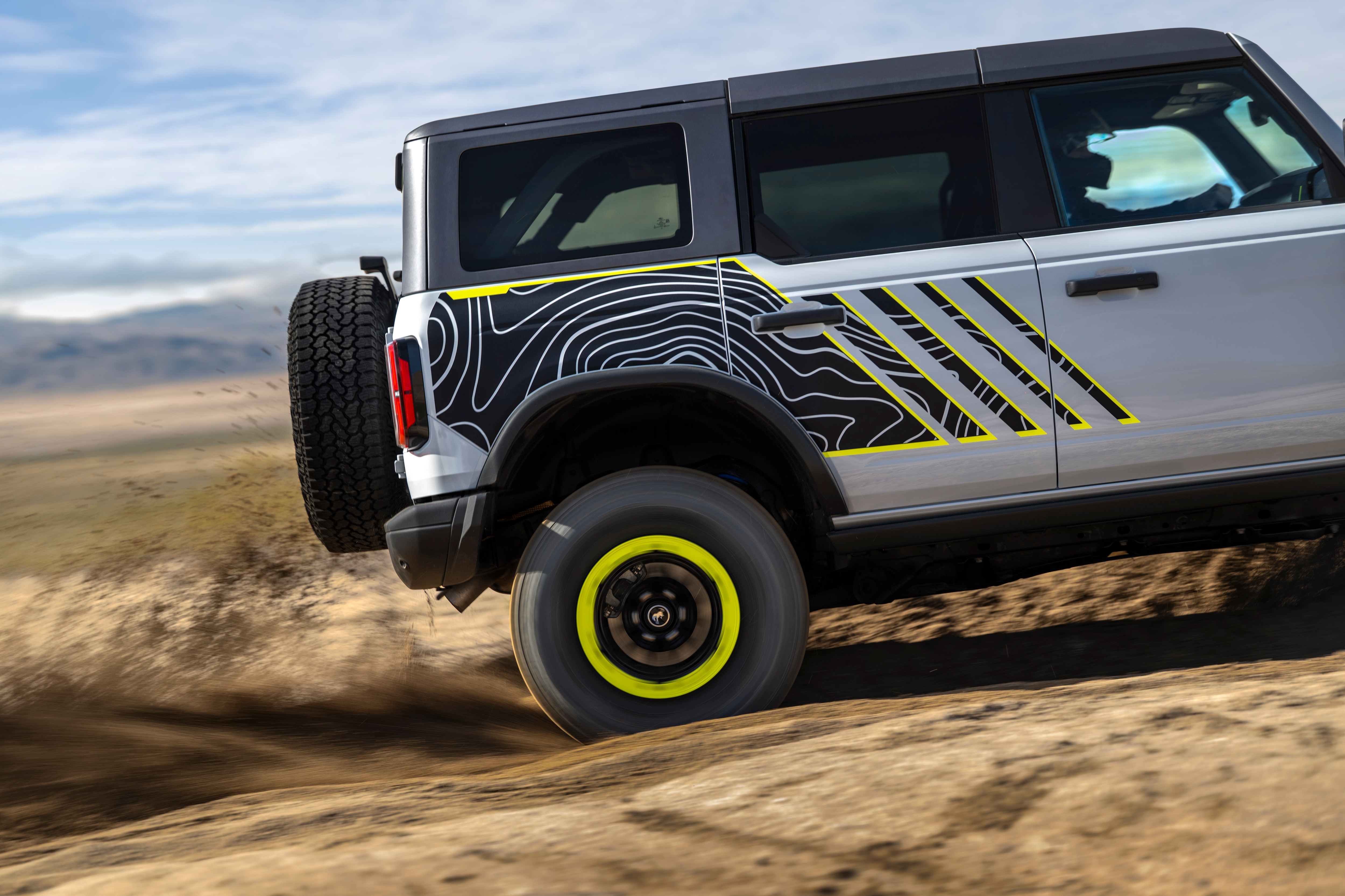The back end of the Bronco RTR with lime green highlights on the wheel