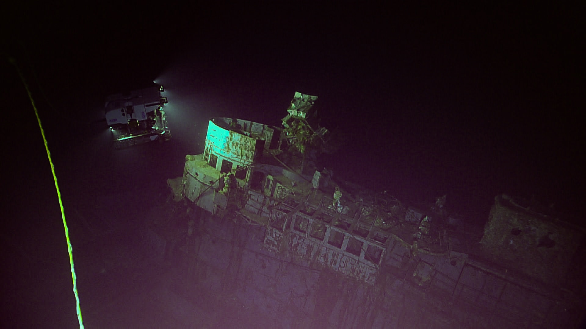 Remotely operated vehicle Deep Discoverer images the wreck of USS Yorktown during a dive on April 19 as part of the Papahānaumokuākea ROV and Mapping expedition. Image courtesy of NOAA Ocean Exploration, 2025 Beyond the Blue.