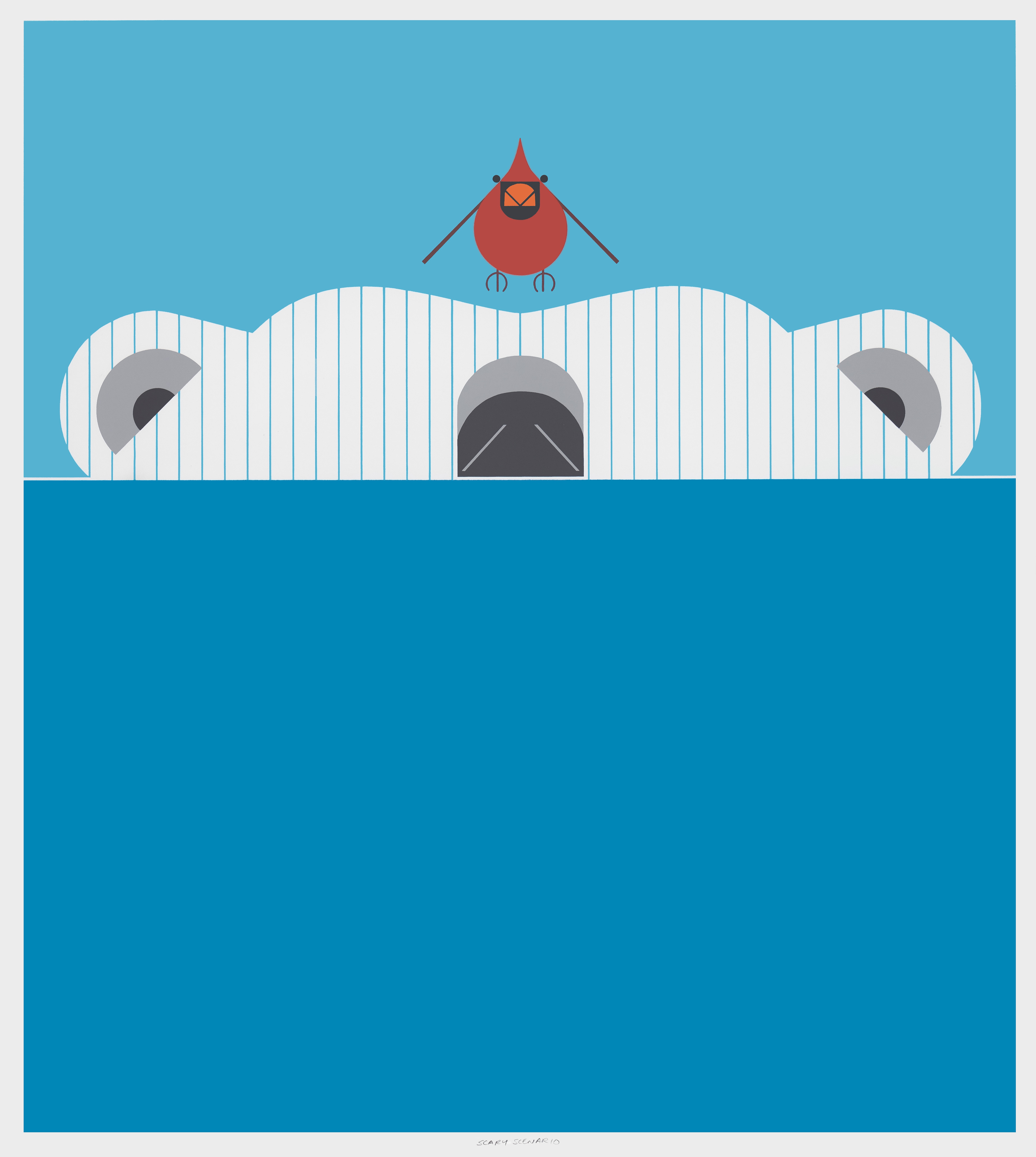 Harper painted “Scary Scenario” in 2006, shortly before his death. He may not have had time to finish it. Credit: Collection of Brett Harper, © Charley Harper, all rights reserved