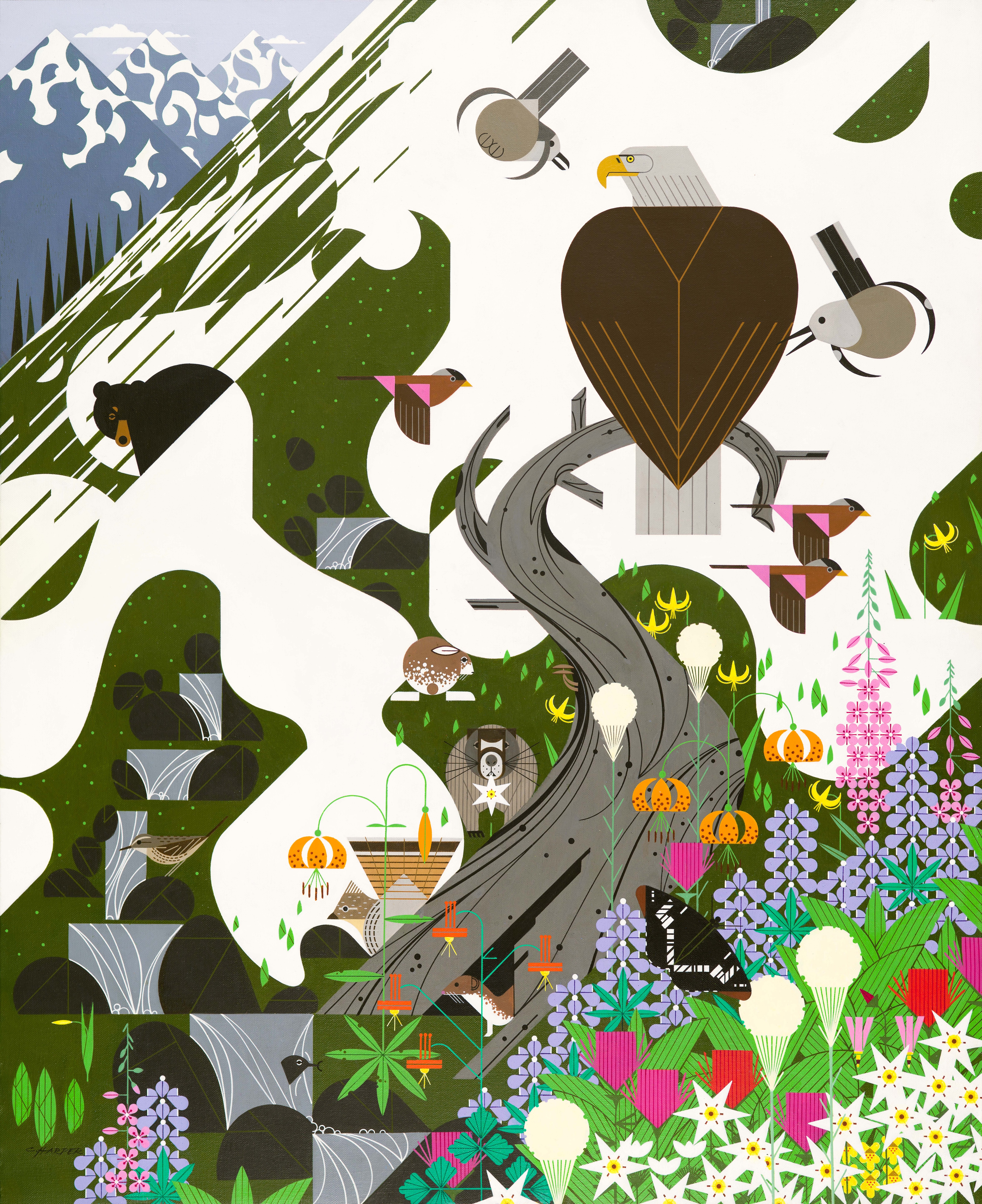 The National Park Service commissioned Harper to paint the wildlife and landscapes of the Alpine Northwest for one of its iconic posters, a series that shaped the agency’s graphic identity. Credit: Courtesy of the National Park Service, Harpers Ferry Center © Charley Harper, all rights reserved