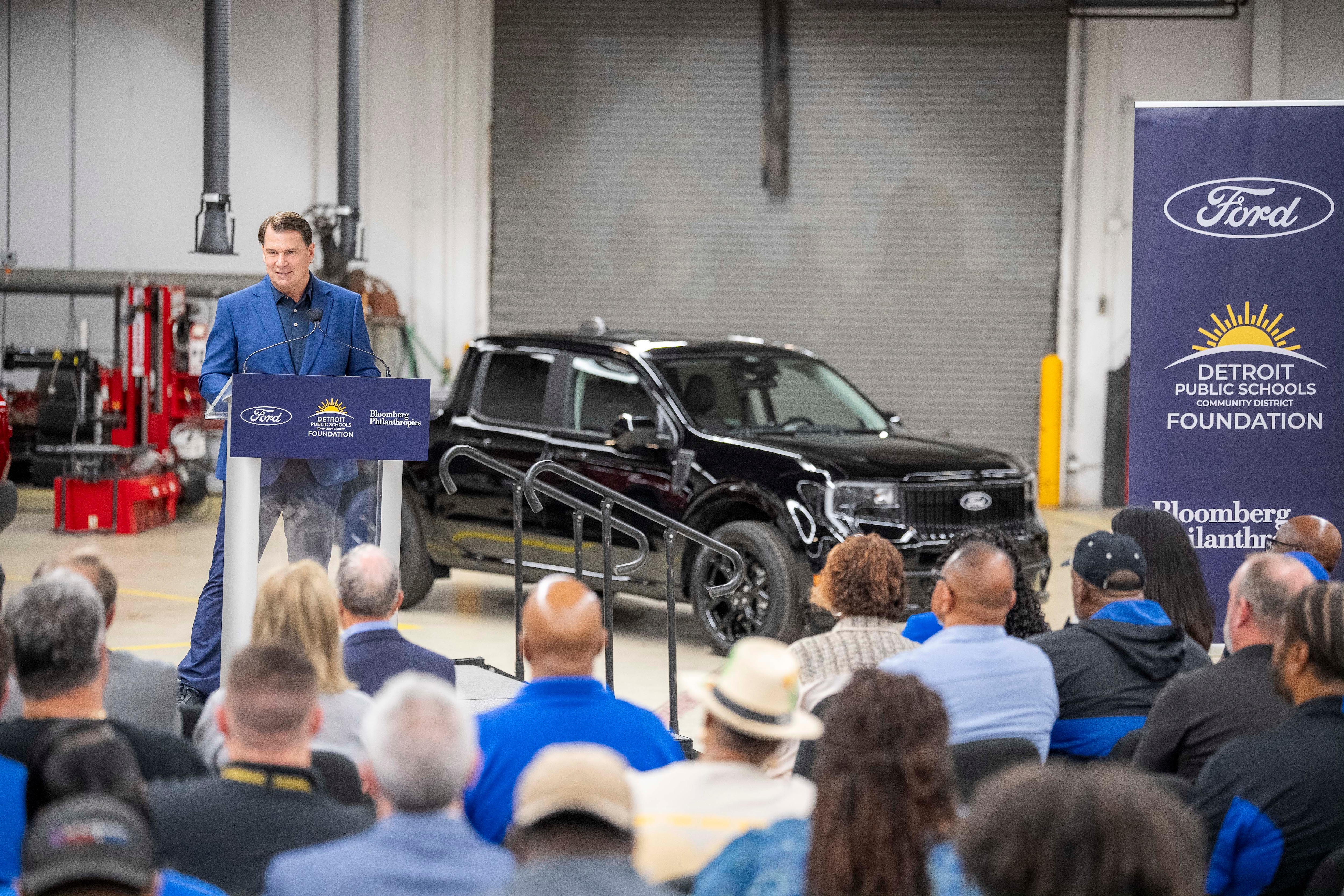 Jim Farley, CEO of Ford Motor Company, speaks on the importance of schools investing in the skilled trades, on June 8, 2026, at the Breithaupt Career and Technical Center, in Detroit, Michigan.