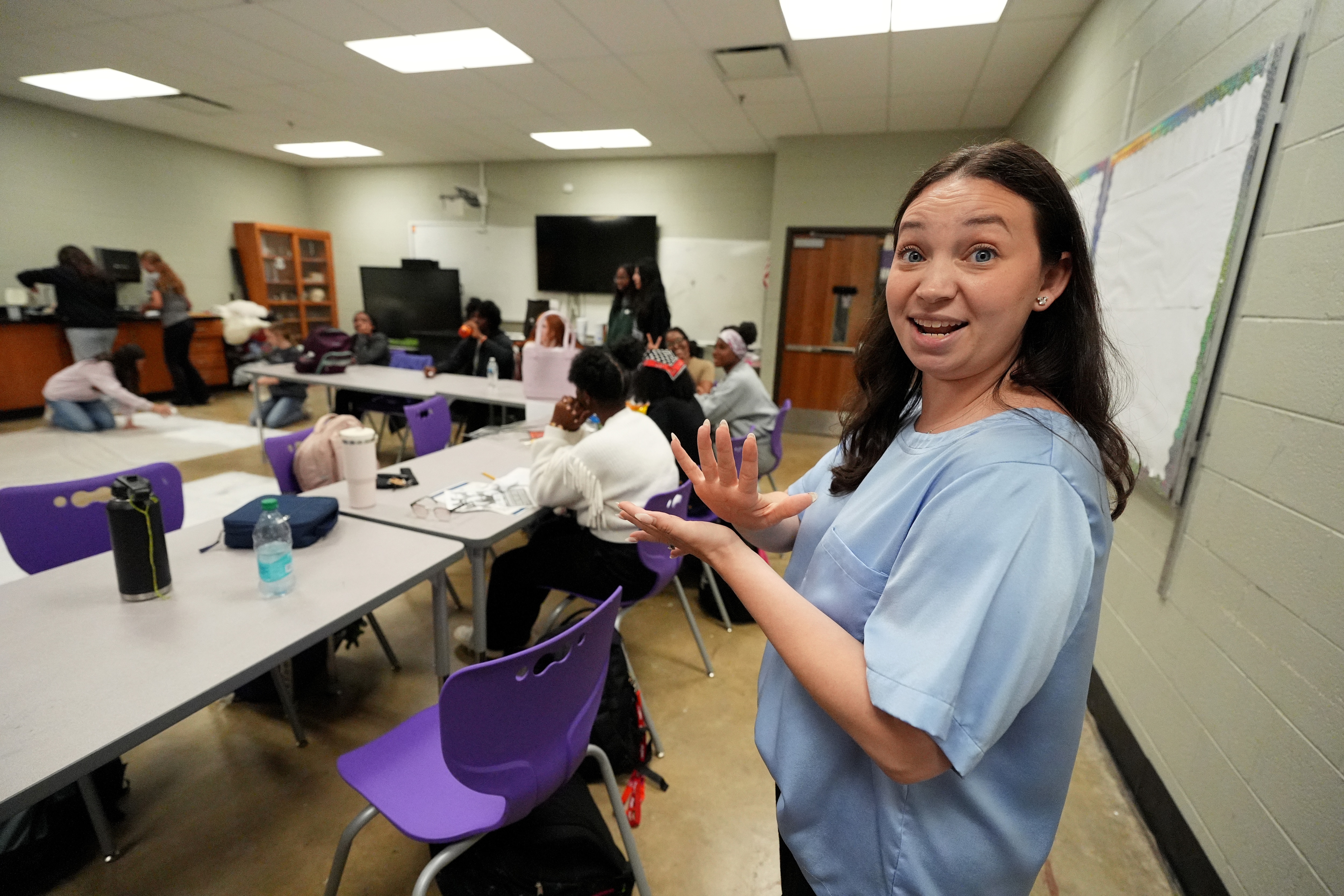 Jocelyn Kissell, the theater teacher at Haywood High School, speaks about how students in the CTE program has used the gear in the school’s Ford Future Builders Lab to produce many of the props for their productions, in Brownsville, Tenn., April 14, 2026. The lab is one of several that opened this academic year in West Tennessee to assist K-12 students and their teachers to learn about tools of skilled trades, including laser cutting, 3D printing and coding. (Rogelio V. Solis for Ford Communications)