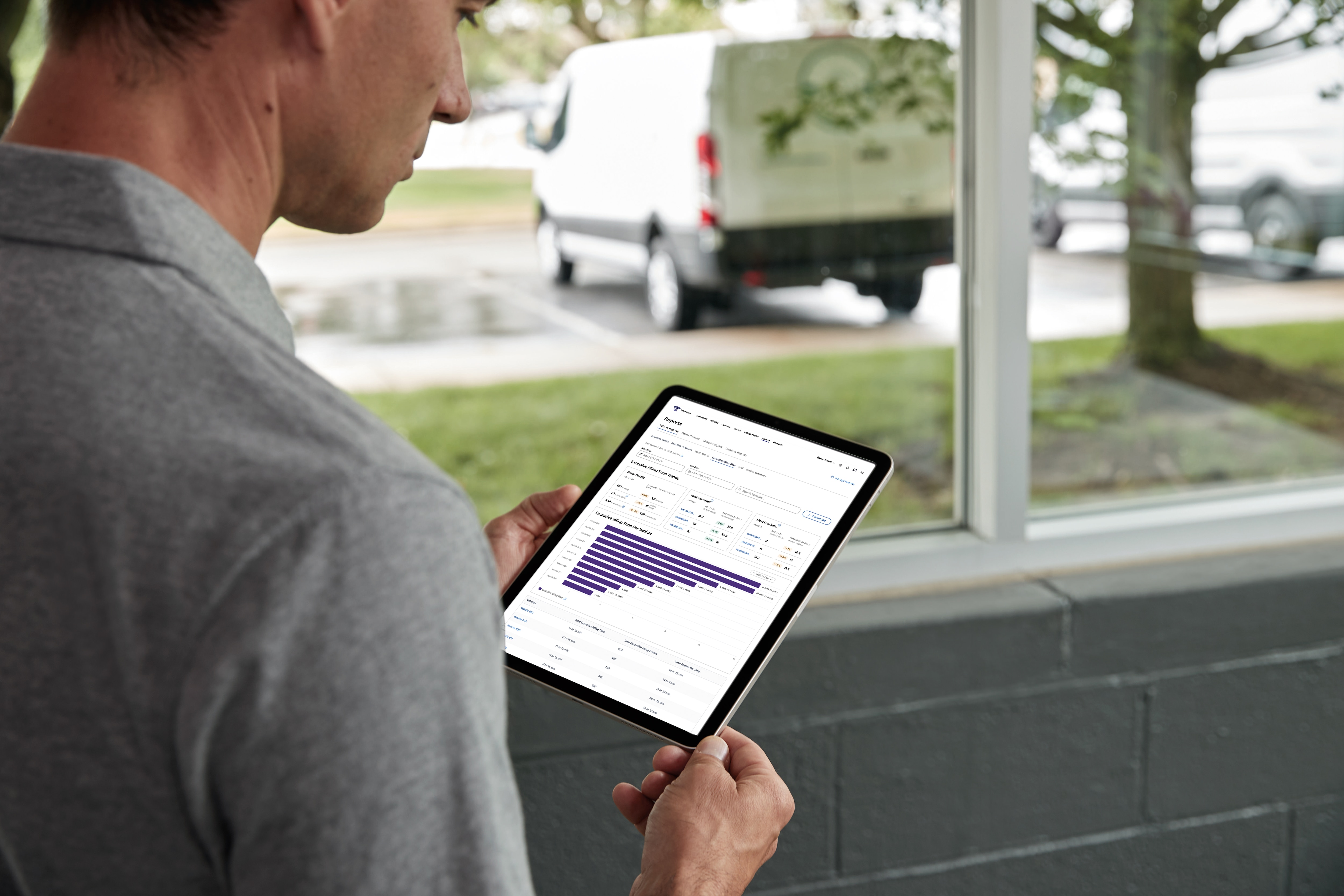 Ford Pro Telematics software shows which vehicles are idling and for how long.