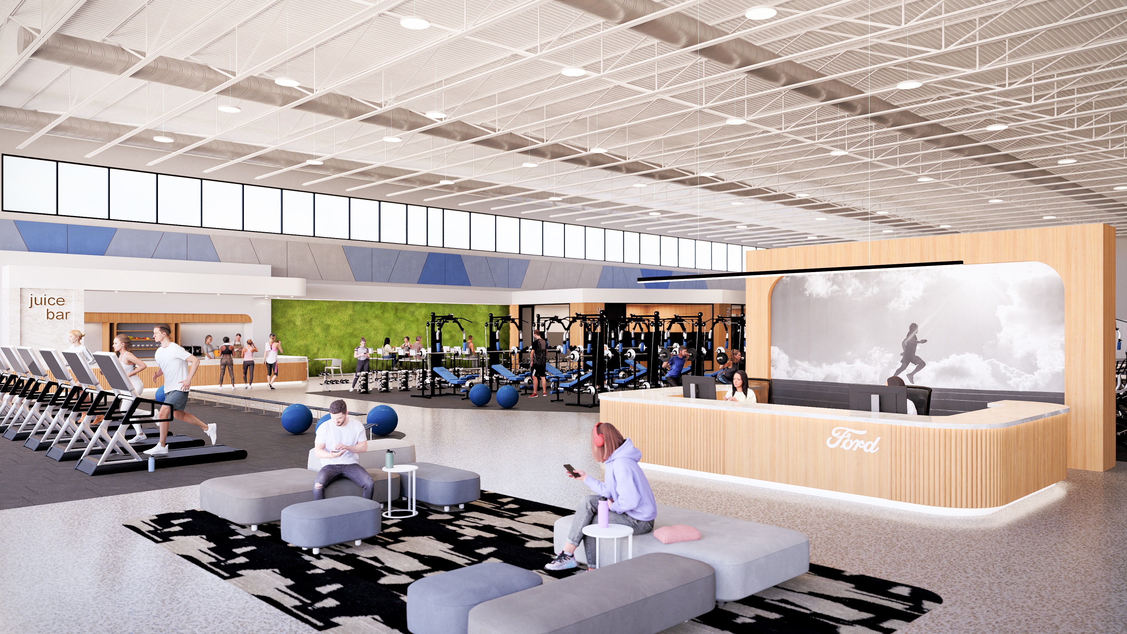 Rendering of entry to the fitness center, complete with natural light and Ford-branded finishes