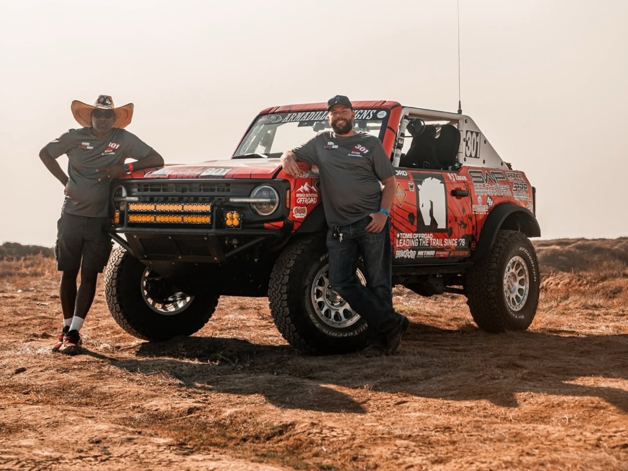 RJ Zanon and Austin Gillis with their Baja 1000 Bronco off-road racer.