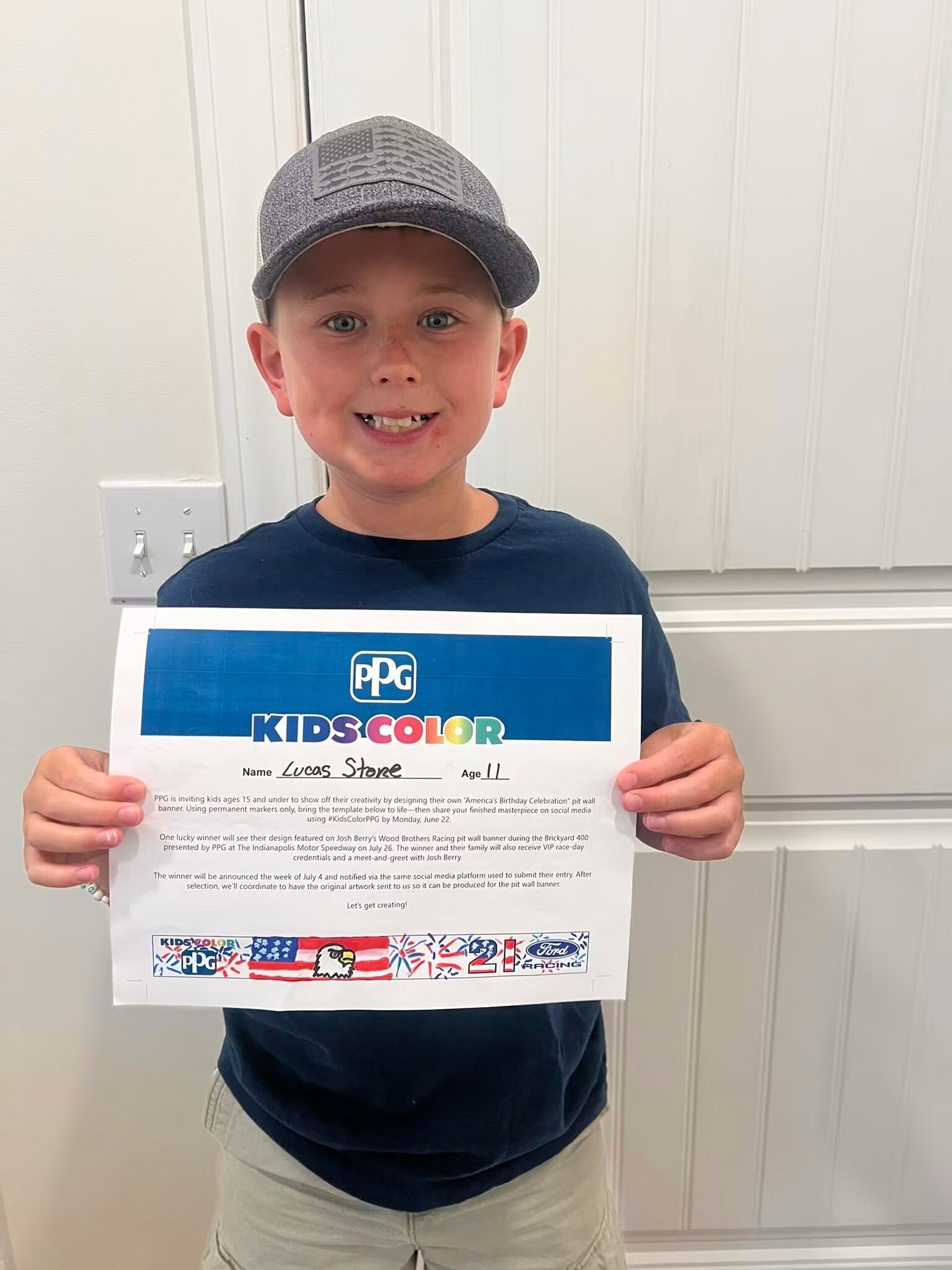 The banner Lucas Stone designed as part of the Kids Color PPG program was on full display during the annual Brickyard 400. 